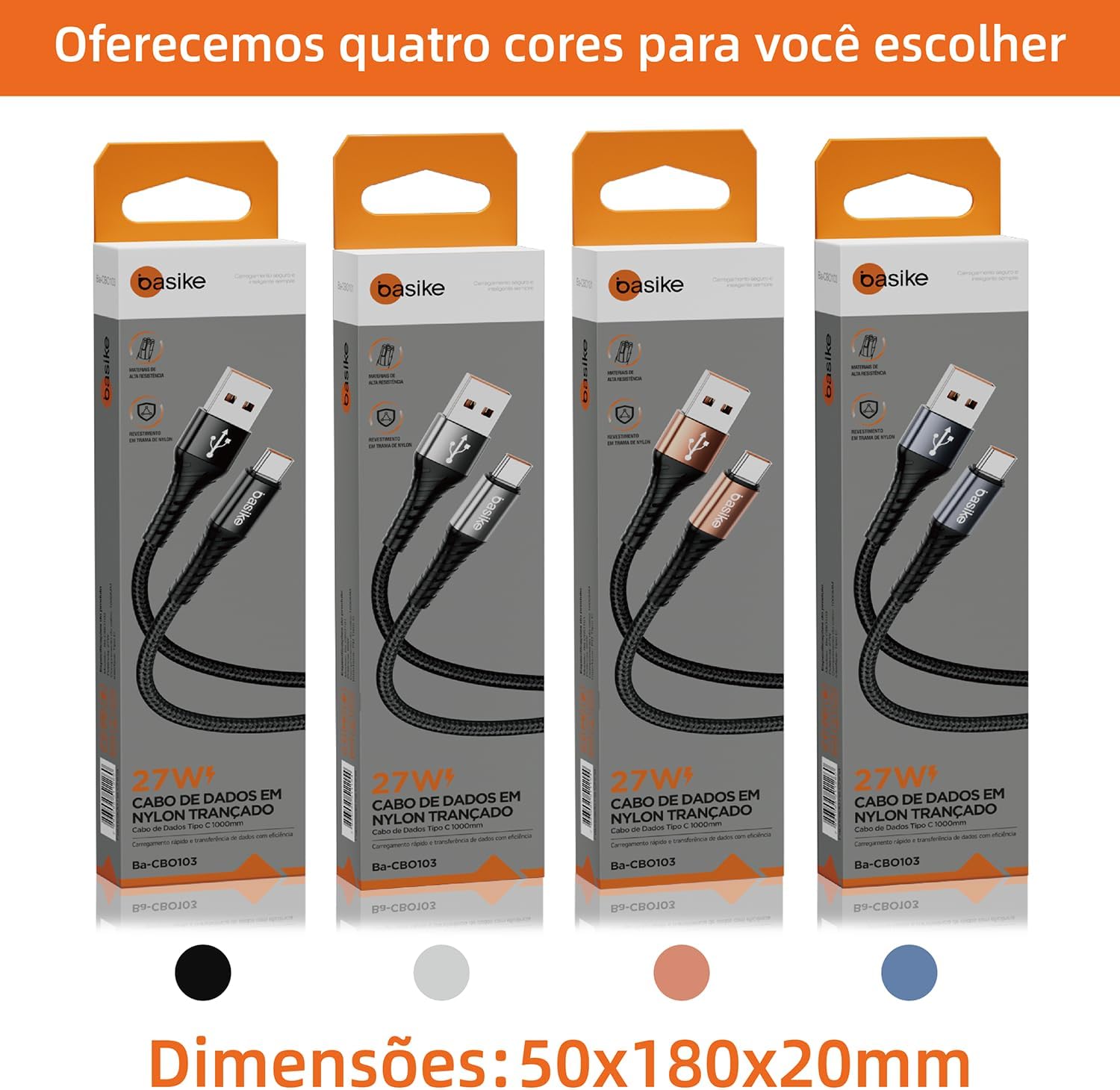 Basike Cabo USB-C (tipo C) para USB, 27W Carregamento Rápido, Nylon Trançado, 1MT (Azul Escuro)