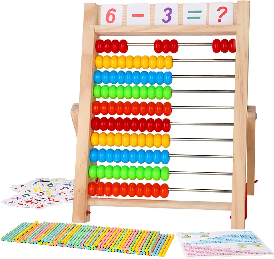 Wooden Abacus for Kids Math, Educational Counting Toy with Counting Sticks and Number Alphabet Cards, Preschool Learning Toys Gift for Boys Girls Age 3+ Years Old