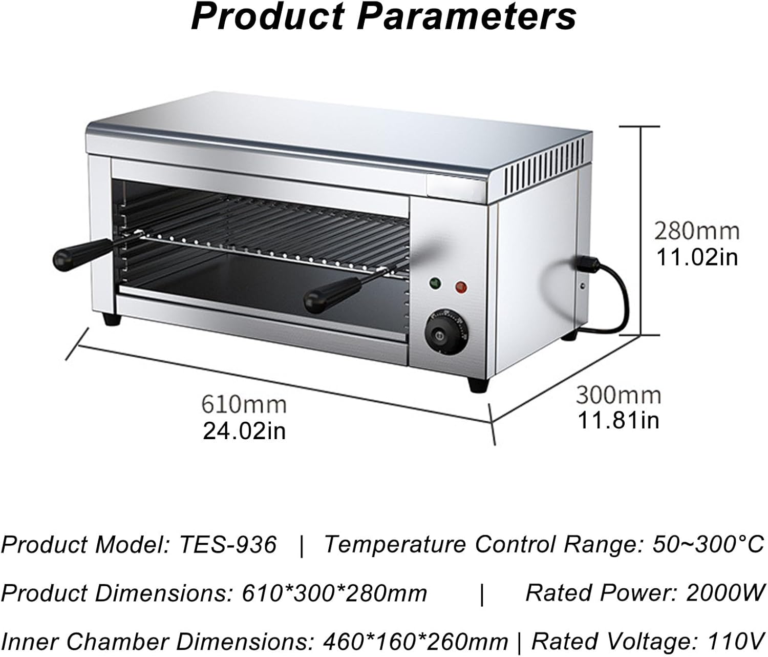2000W Salamander Broiler Oven, Electric Commercial Cheese Melter Grill with Adjustable Temperature (50-300°C) & 4 Rack Positions, Stainless Steel Countertop Unit for Melting Cheese, Grilling Steaks