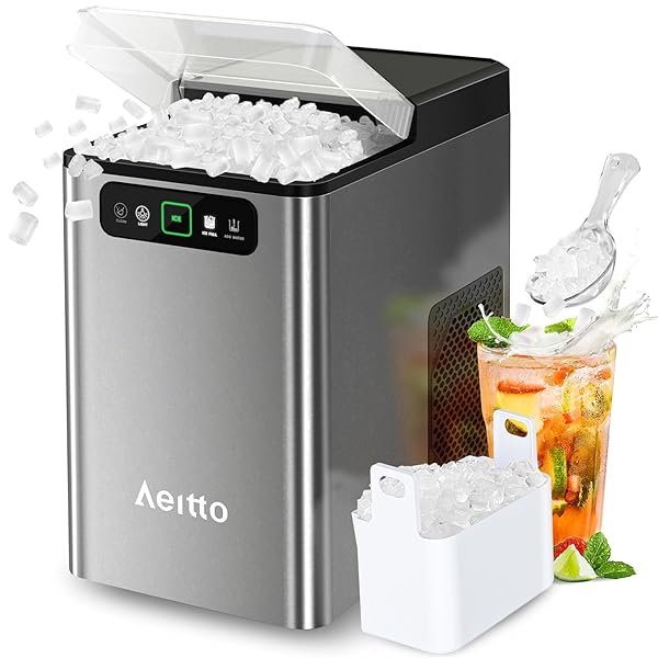 Aeitto Nugget Ice Maker Countertop, Pellet Ice Machine Soft Chewable Ice 40lbs/Day, One-Click Operation, Auto Self-Cleaning Crushed Ice Makers Stainless with Scoop for Home/Kitchen/Office (Black)