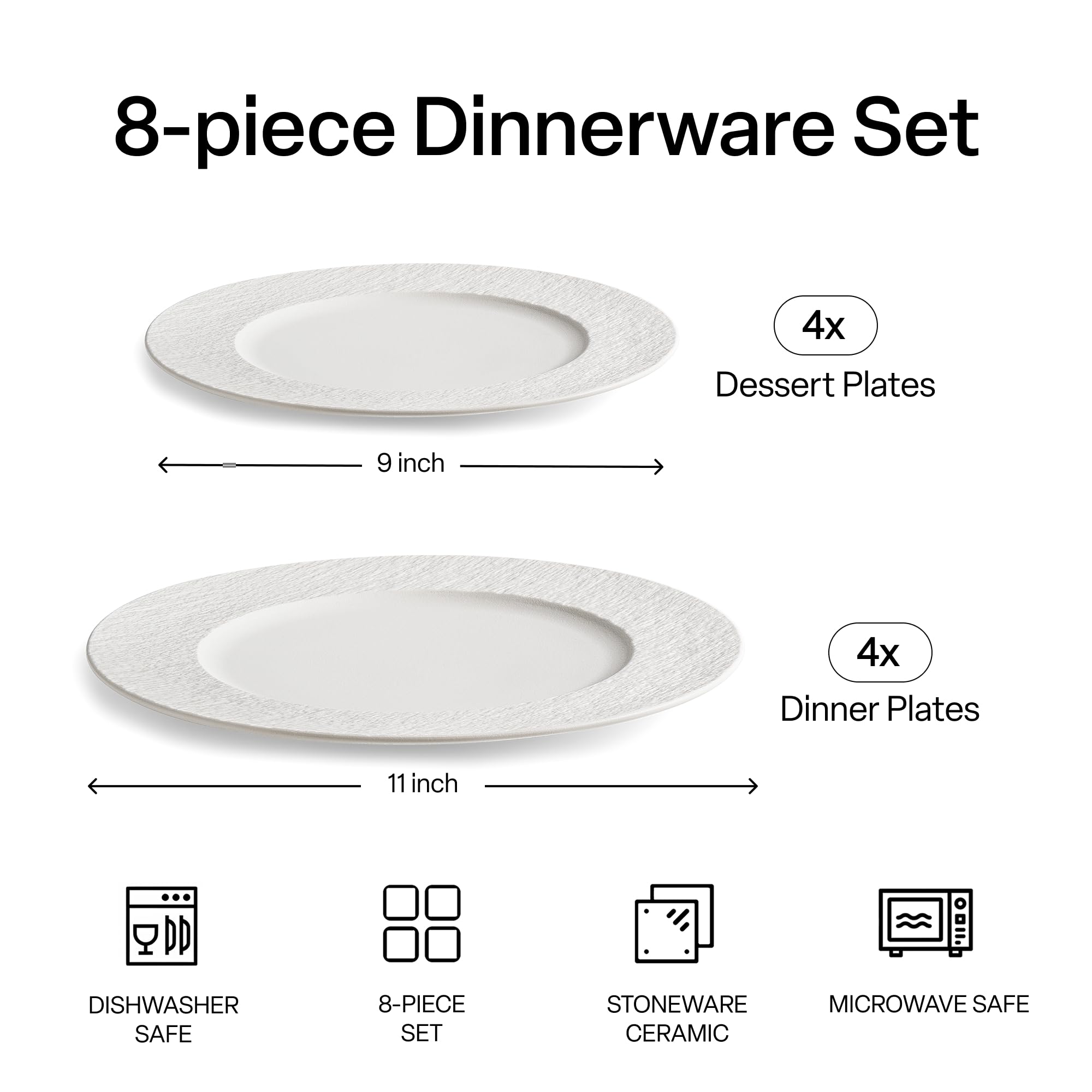 MIAMIO - Juego de 8 platos llanos, 4 platos pequeños (9 pulgadas), 4 platos grandes (11 pulgadas), juego de platos de cerámica de 8 piezas, juego de vajilla de gres, apto para microondas y