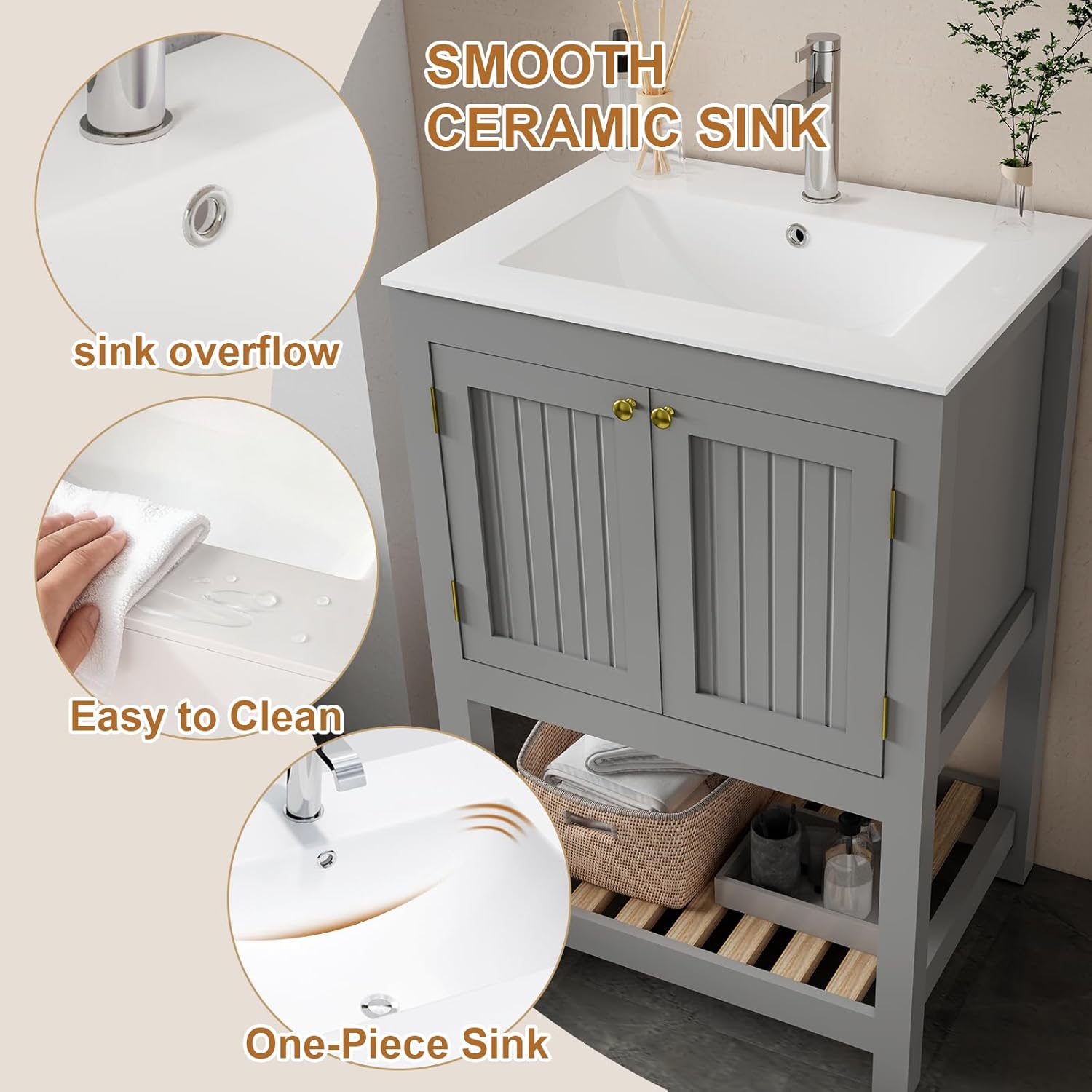24 Inch Bathroom Vanity with Sink,Modern Freestanding Cabinet with Open Storage Shelf, Bathroom Sink Cabinet with 2 Doors and 1 Open Shelf (Grey, 24 inches)