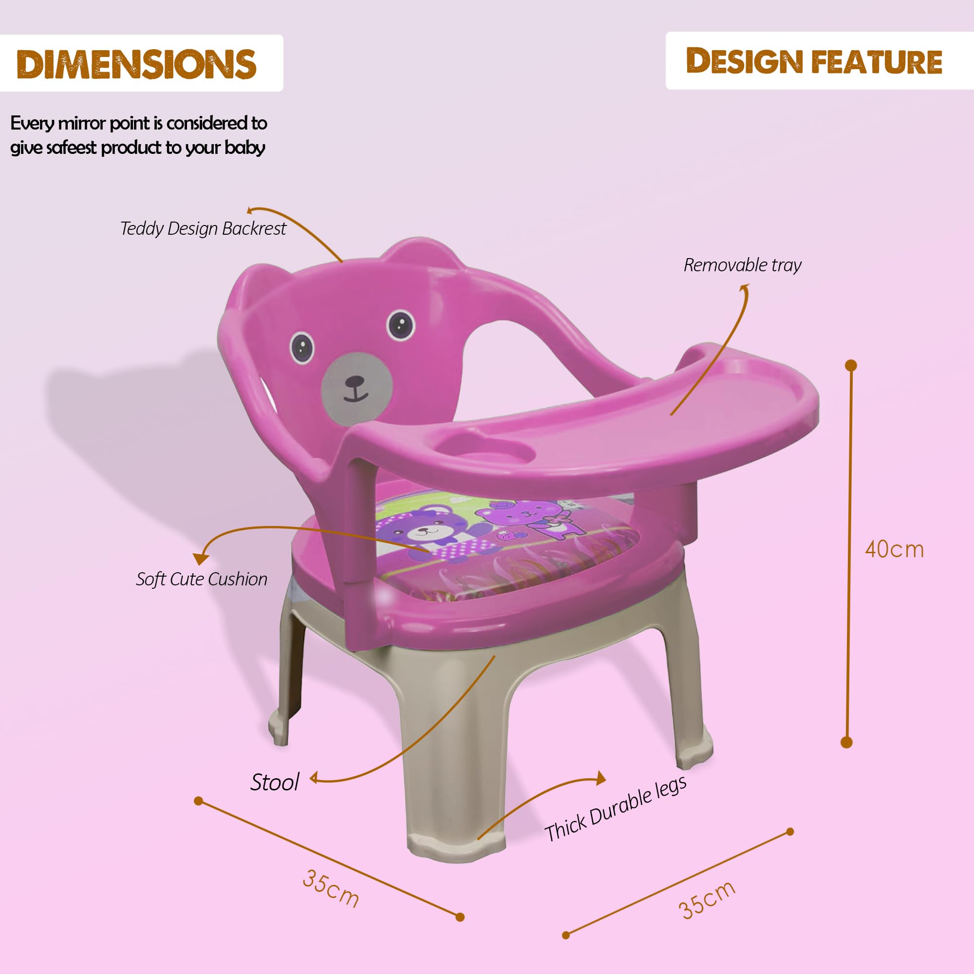 TONY STARK Plastic Chu-Chu squeak sound Feeding Chair With Removable Tray| Soft Cushion Seat & High Backrest With Teddy Bear Design Table ||Strong And Portable Baby Chair|1-4 Years,Upto 30 Kgs - Pink - Image 2 thumbnail