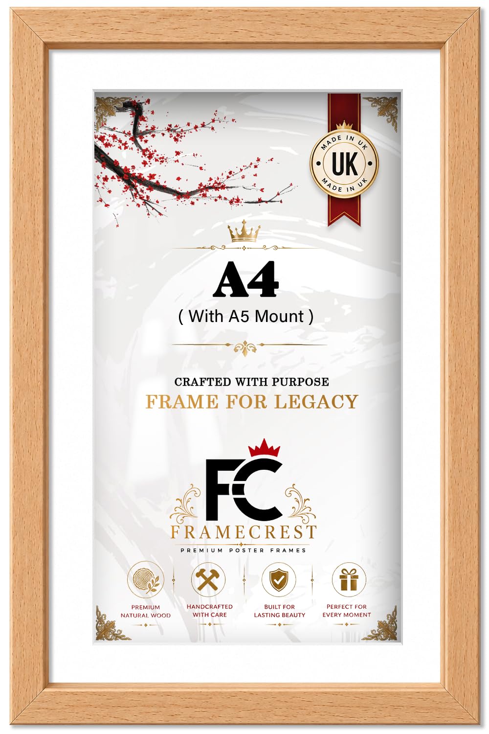 FRAMECREST LTD Solid MDF Wood A4 Photo Frame with A5 Mount - Natural Finish Picture Frame for Wall or Tabletop Display - Shatterproof Acrylic Glass for Home & Office Decor - [Beech] — image 1