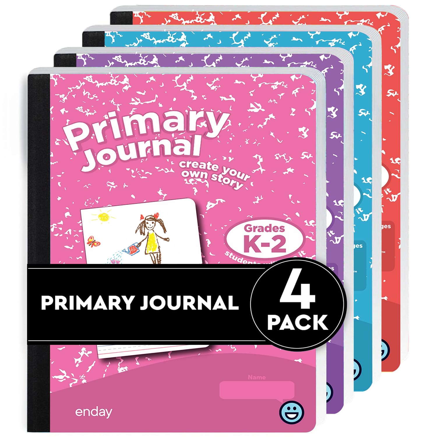 Enday Primary Journal Grades K-2 Assorted Colors, Half Page Ruled Primary Journal Composition Notebook for Kids, 100 Sheets kids Notebook - Blue, Purple, Pink, Red