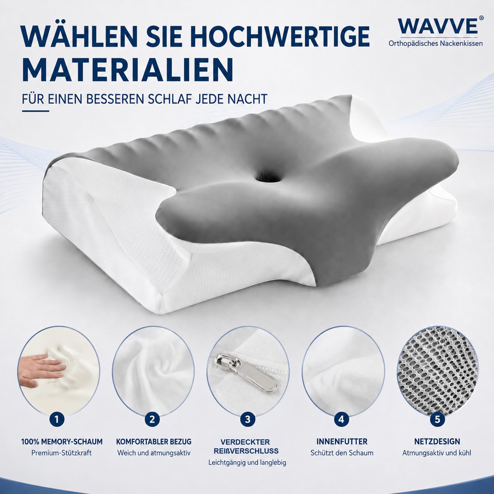 WAVVE Ergonomisches Kissen für Nacken und Seitenschläfer | Orthopädisches Nackenstützkissen mit Memory Foam, Schmetterlingskissen mit Doppelhöhe 11/13 cm für Kopf, Hals und Schultern