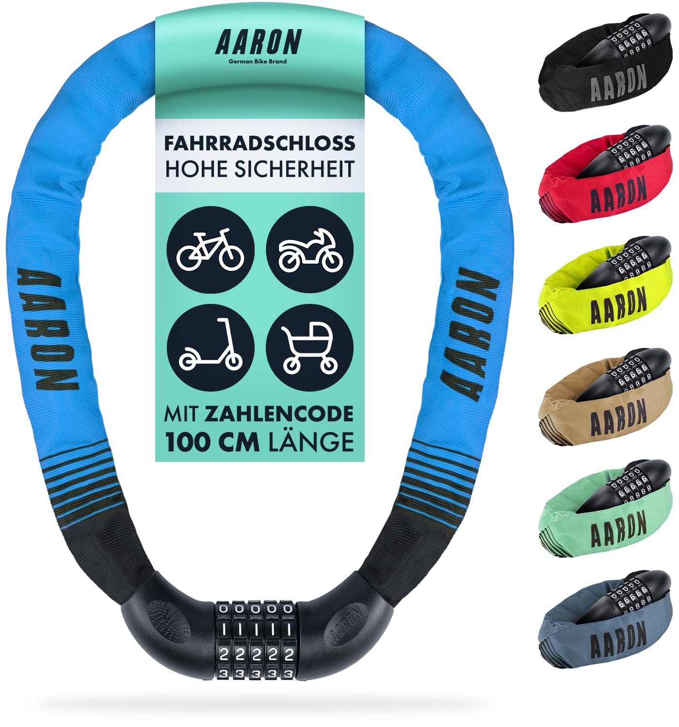 AARON Lock One Fahrradschloss mit 5-stelligem Zahlencode und Schlüssel-hohe Sicherheit-aus Stahl, Schloss für für E-Bike, Mountainbike, Trekkingrad, Tourenrad, Rennrad