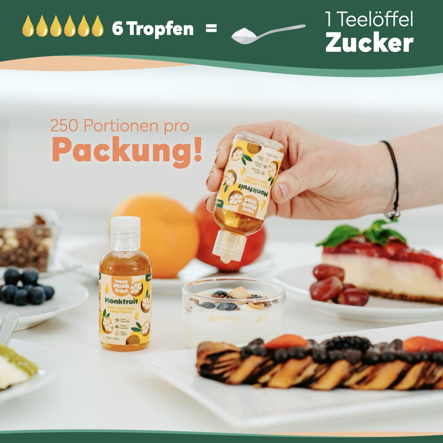 Mönchsfrucht Tropfen 75ml Süßstoff, 250 Portionen, 15x Süßer als Zucker - Monk Fruit Ohne Erythrit & Stevia - Flüssiger Zuckerersatz Natürliche Süße, Kalorienarm, Keto, Vegan | Happy Monkfruit®