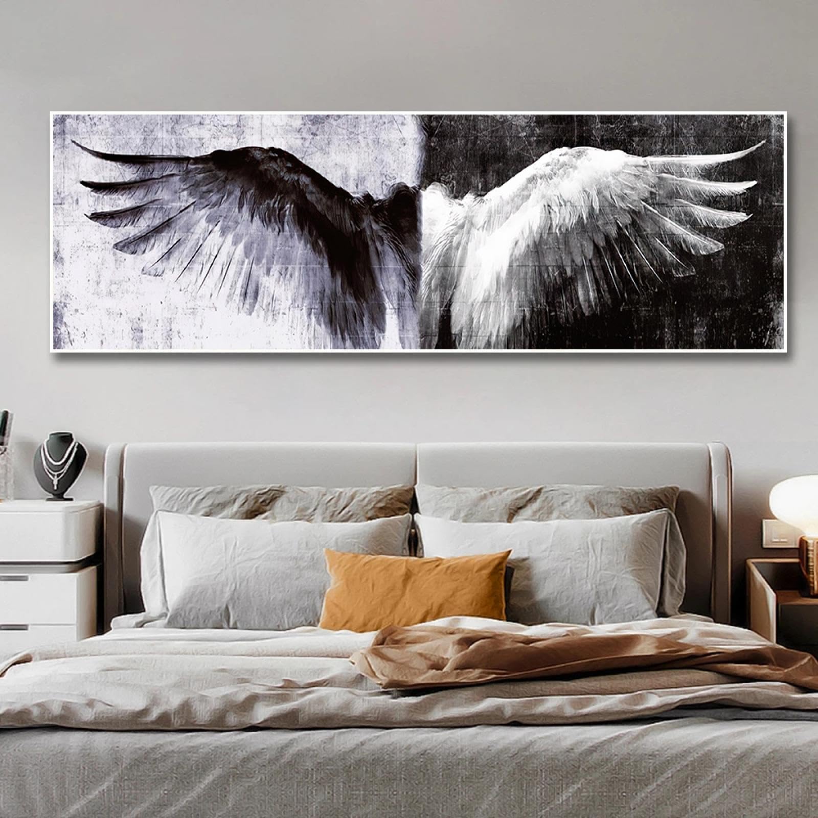 Cuadro en lienzo con alas de ángel en blanco y negro moderno, impresión y carteles, impresionante decoración de pared para el hogar y la oficina, marco interior de 60x170cm (24x67in)