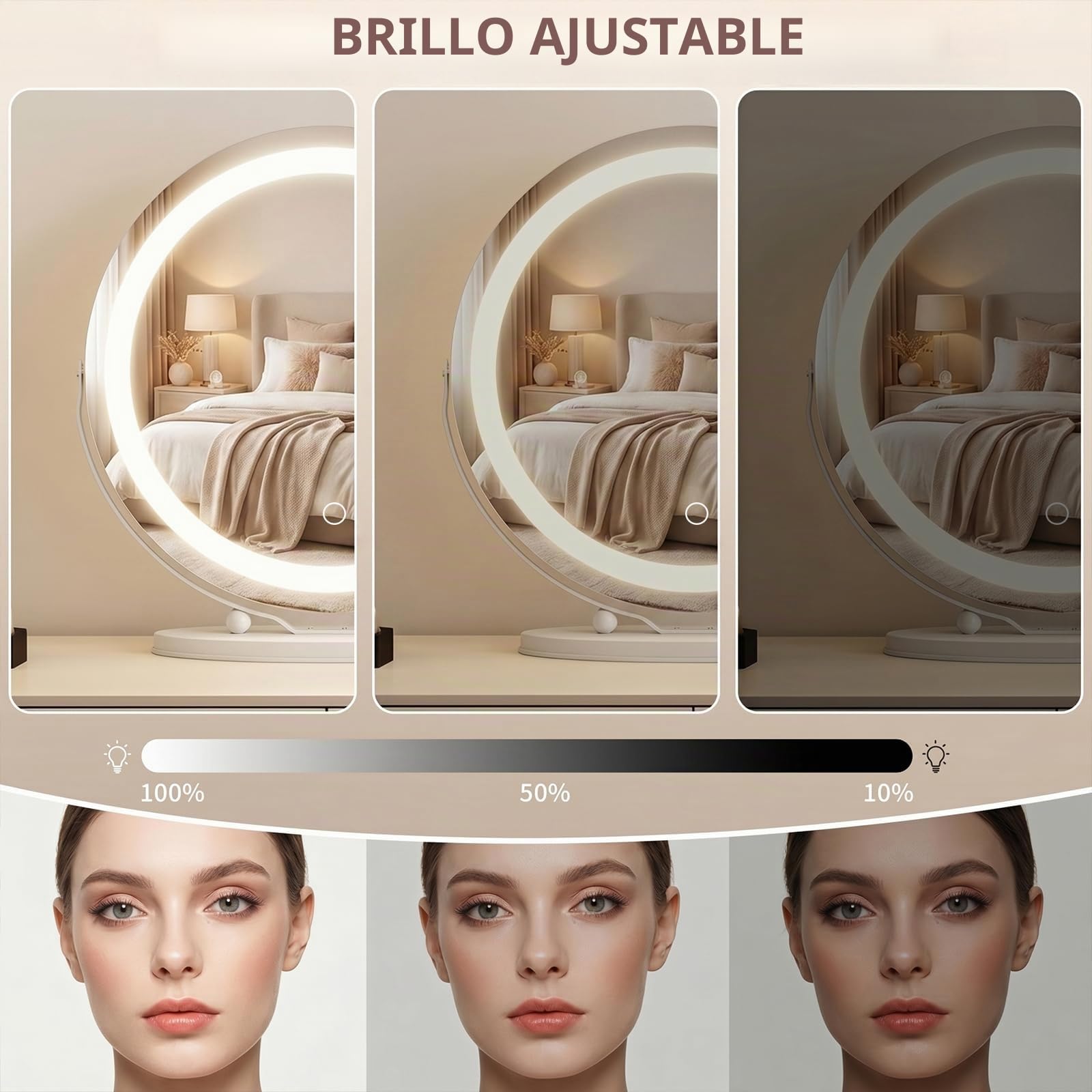 Hollywood Espejo de tocador con Luces,48 cm, Redondo,3 Modos de iluminación, Aumento de 10x, Control táctil,luz Regulable, rotación de 360°,para Dormitorio y vestidor,Blanco