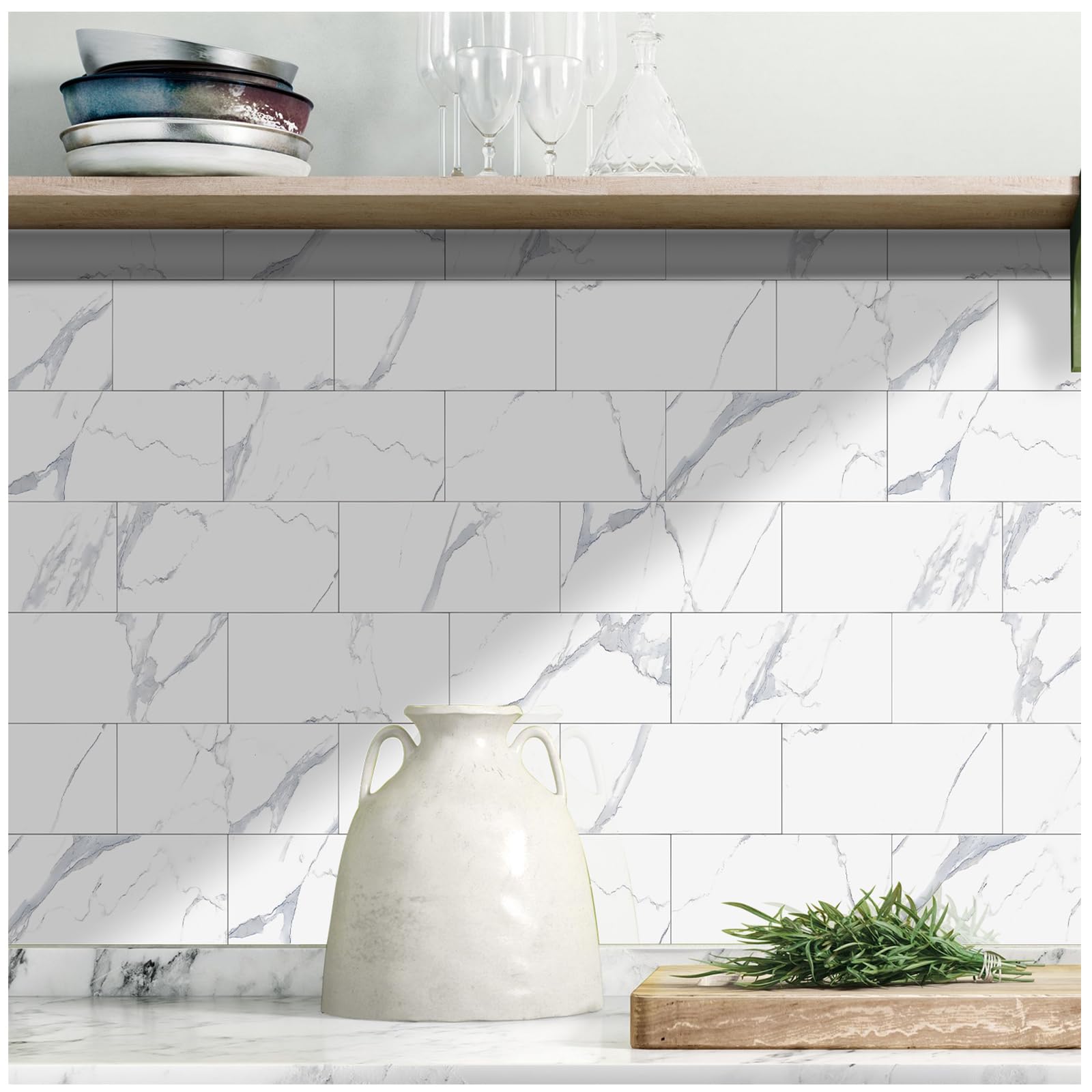 TUOKING96-Pieces Peel and Stick Backsplash Tiles for Kitchen 4"x 8" PVC Self-Adhesive Subway White Marble Wall Tiles Stick on Backspalsh for Bathroom