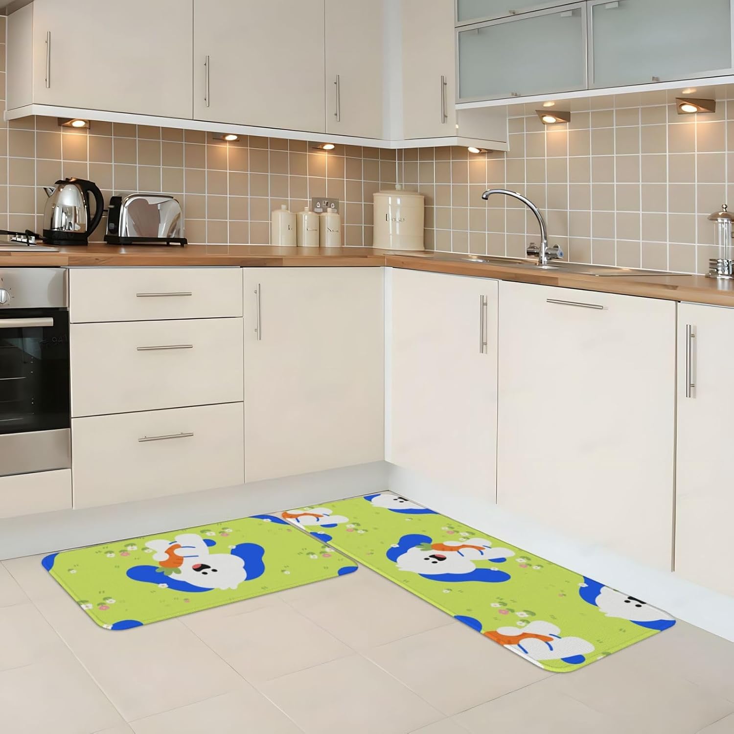 Cute Rabbit Kitchen Rugs Set of 2, Cushioned Anti-Fatigue Kitchen Mats for Floor, Waterproof Comfort Standing Mat Absorbent Velvet Kitchen Runner Rugs 17"x30"+17"x47"