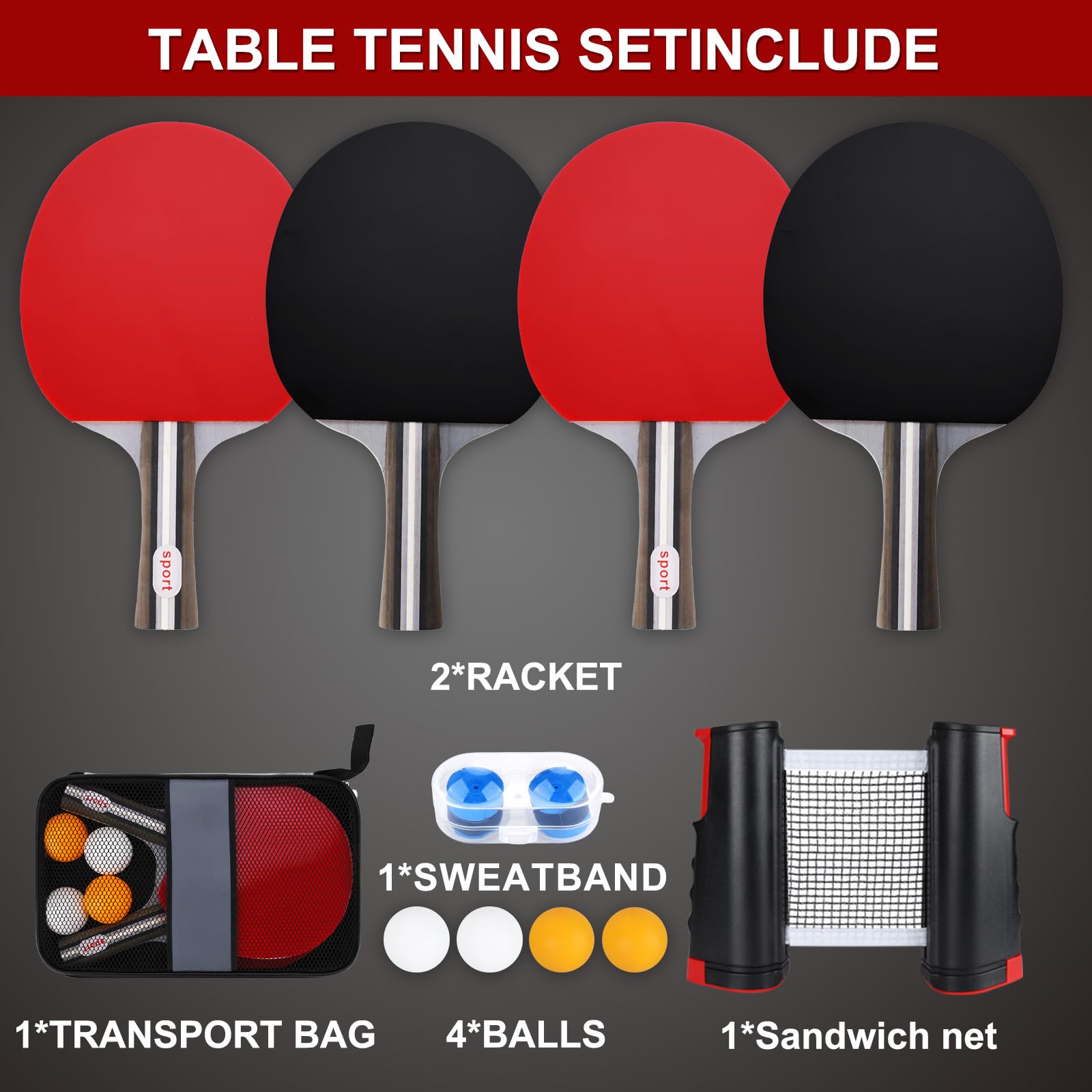 Set de Ping Pong, 2 Raquetas, 4 Pelotas, Red Plegable, Bolsa de Transporte