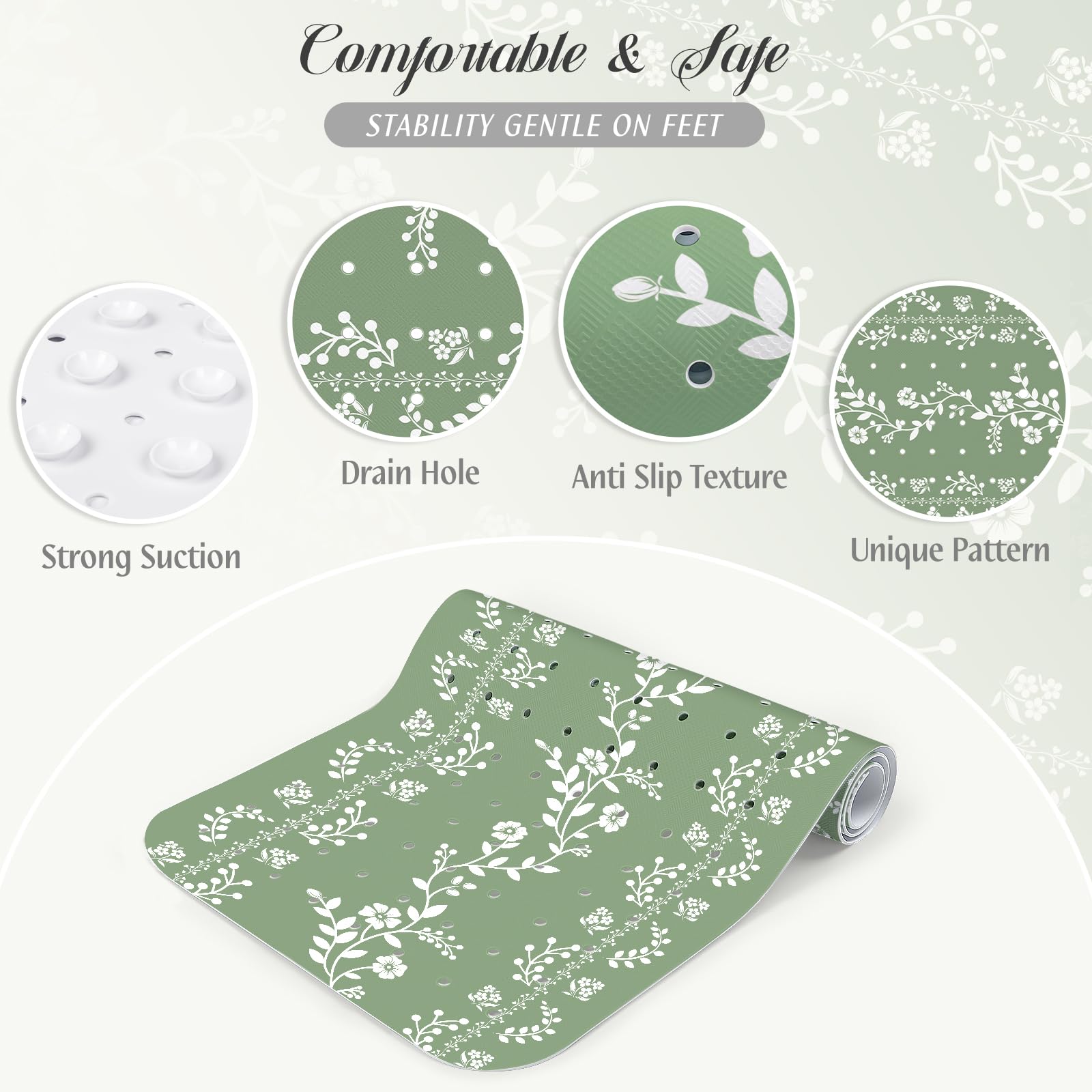 SHUCHING Tapis de Bain Antidérapant Vert Sauge, Tapis Baignoire Antidérapant, Réssistant à la Moisissure et Lavable en Machine 100 x 40 cm