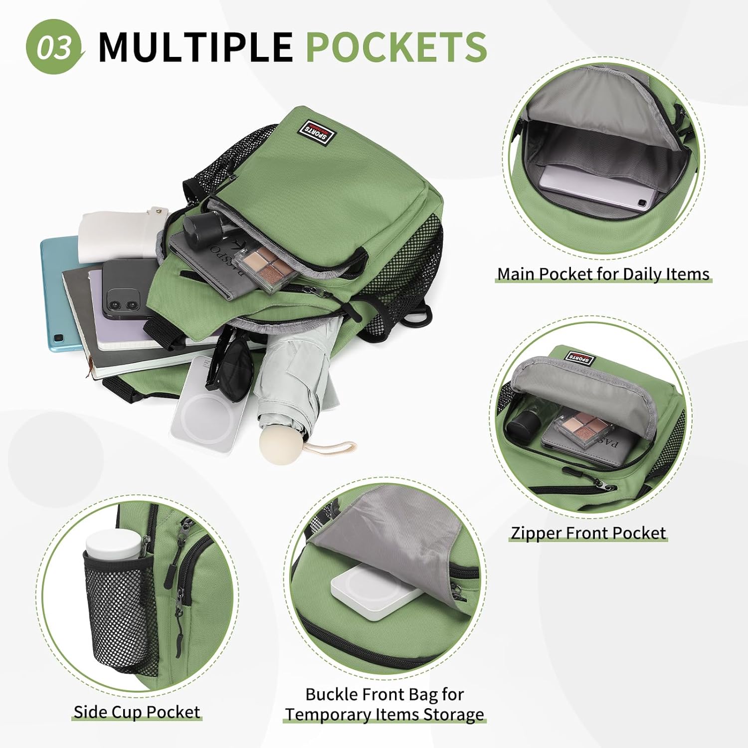 Convertible Sling Bag Crossbody Backpack, 11" Tablet Bags with Headphone Jack Shoulder Bag Casual Pack for Women Men Hiking Travel (Green) - Image 4