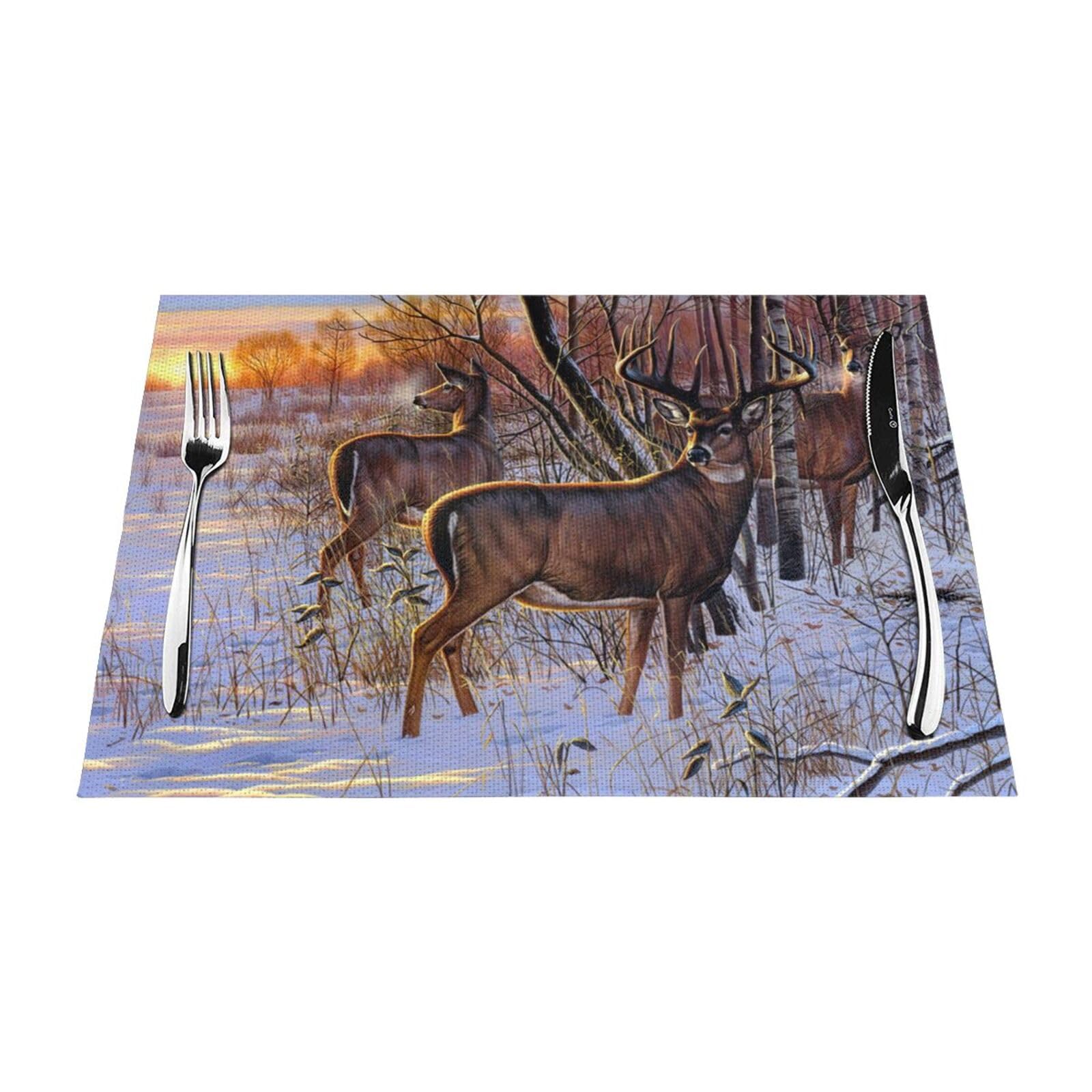 PVC Placemat Set of 6 PCS, 45x30 CM, Deers Picture Printed Non-Slip Heat Resistant Place Mats for Kitchen Dining Table Indoor Outdoor