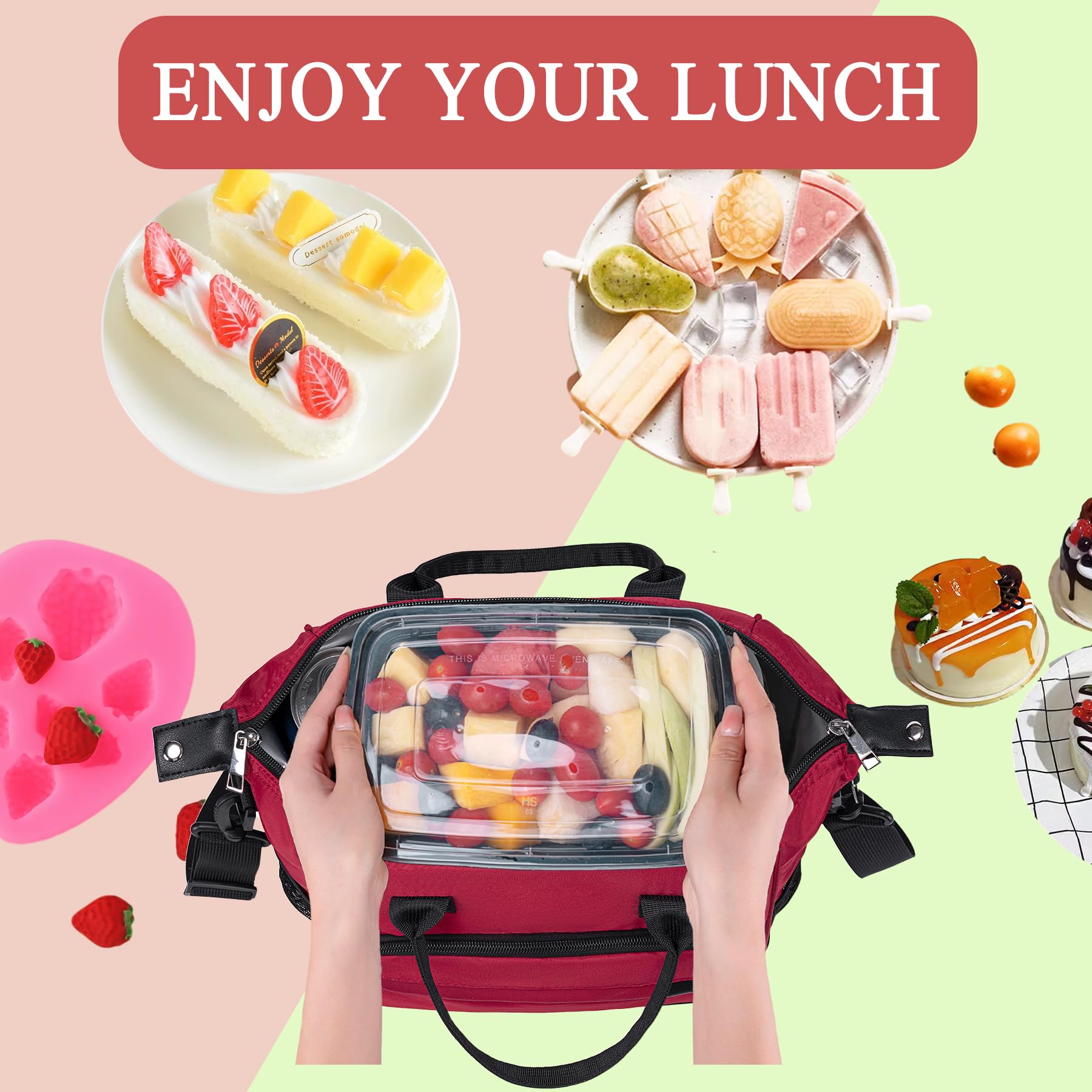 TuErCao Borsa per il pranzo rossa da donna, per lavoro, grande, isolata, per adulti, a prova di perdite, con tracolla rimovibile