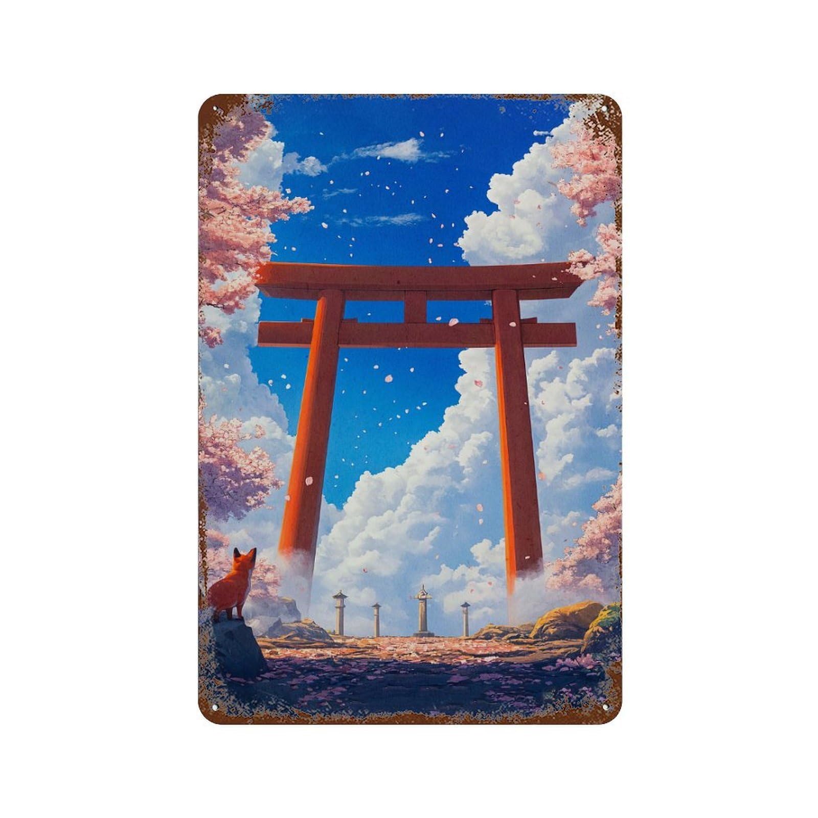 Fox Under Torii Gate 11.8"x7.9" Retro Metal Sign, Old School Wall Decor for Office, Studio And Wall Decor