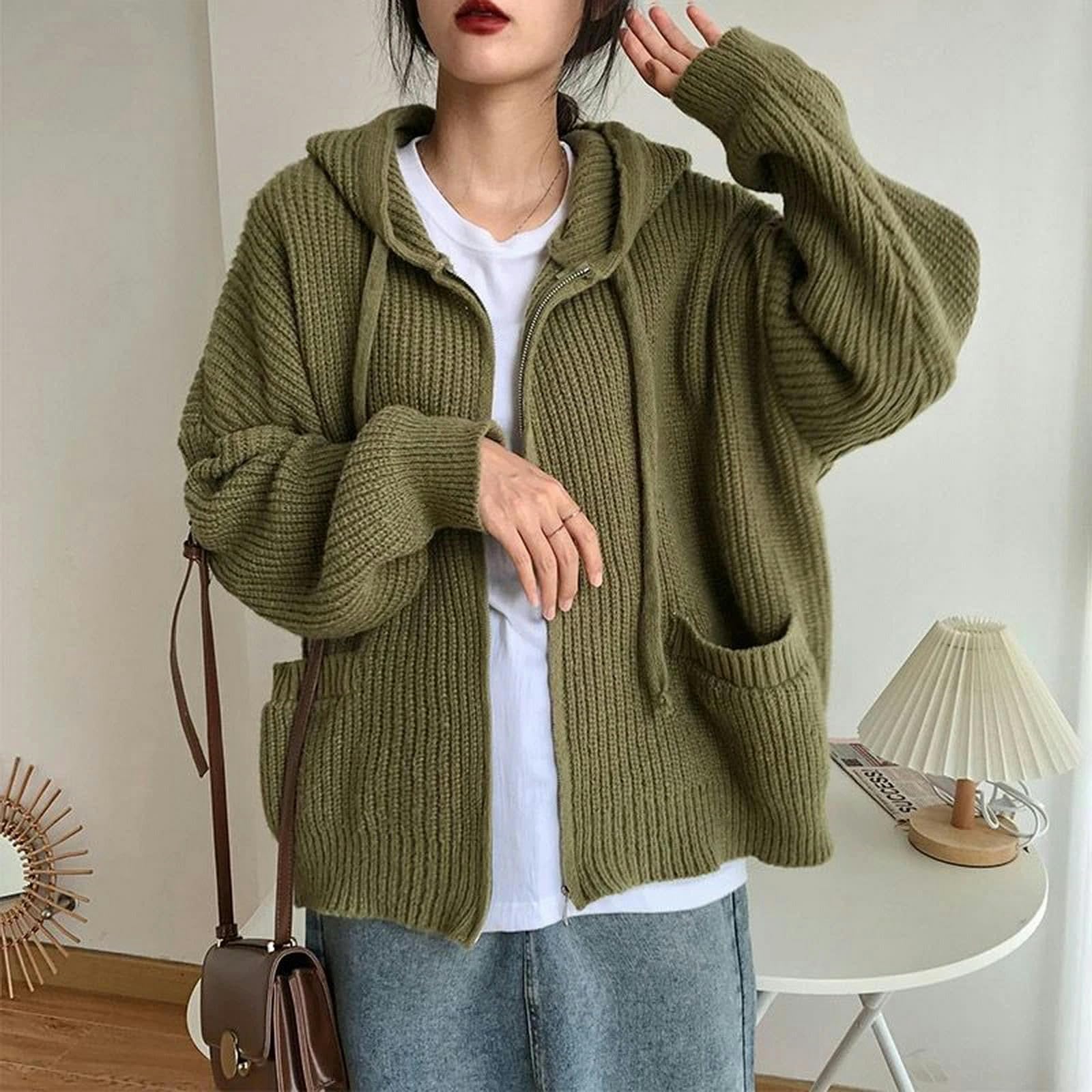 Sweter dla kobiet retro swetry z kapturem damski jednolity kolor dzianinowy sweter luźny swobodny kardigan płaszcz damski jesień zima
