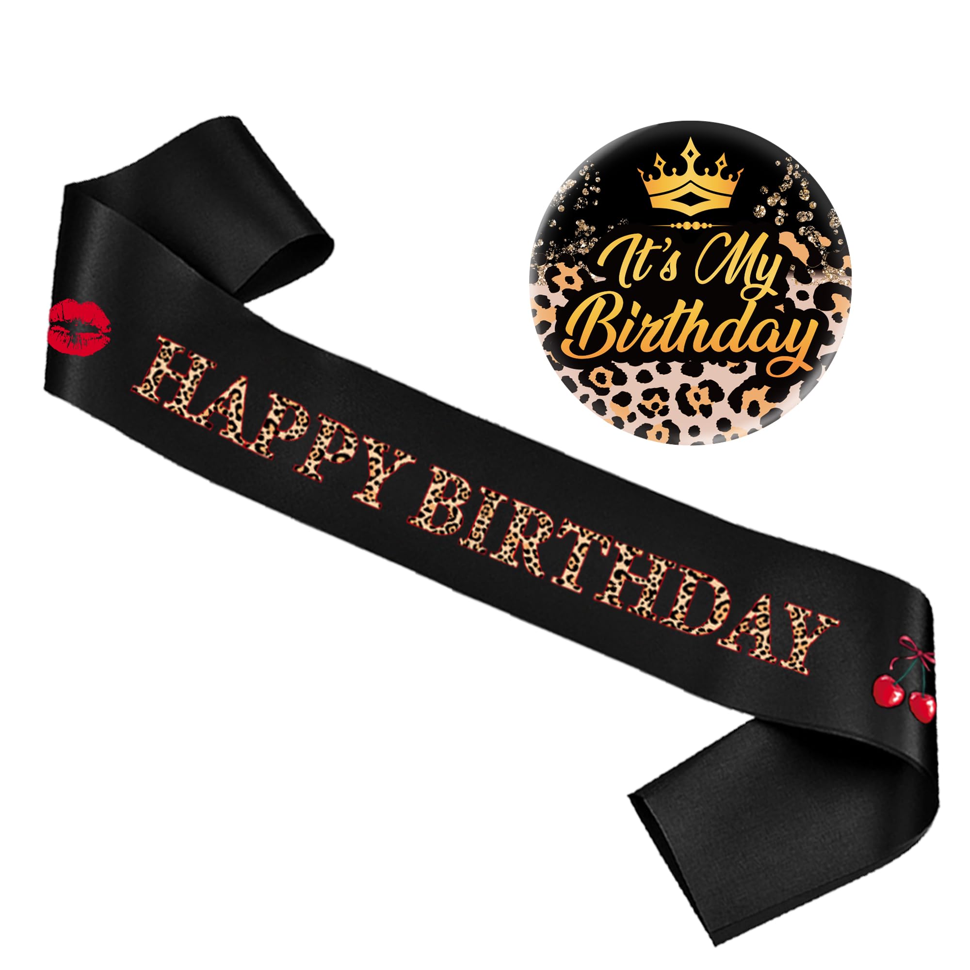 Leopard Cherry Print Birthday Decorations - 2 Pcs Cheetah Print Sash It's My Birthday Badge Safari Theme Leopard Decor Set for Women Girls Wild Animal Party Accessories Gift