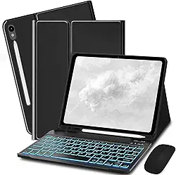 Capa Com Teclado Para Samsung Galaxy Tab S9 Fe 10.9" / S8 S7 11" - 7 Cores Retroiluminação E Suporte S Pencil, Teclado, Fina Mouse (Preto)