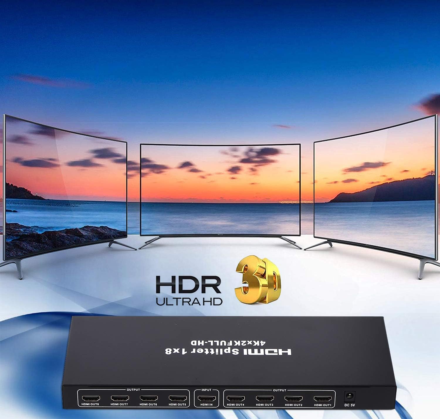 1x8 HDMI Splitter, 1 in 8 Out HDMI Splitter Audio Video Distributor Box Support Full HD 3D & 4K x 2K Compatible for Projector, HDTV, STB, DVD, PS3 Etc
