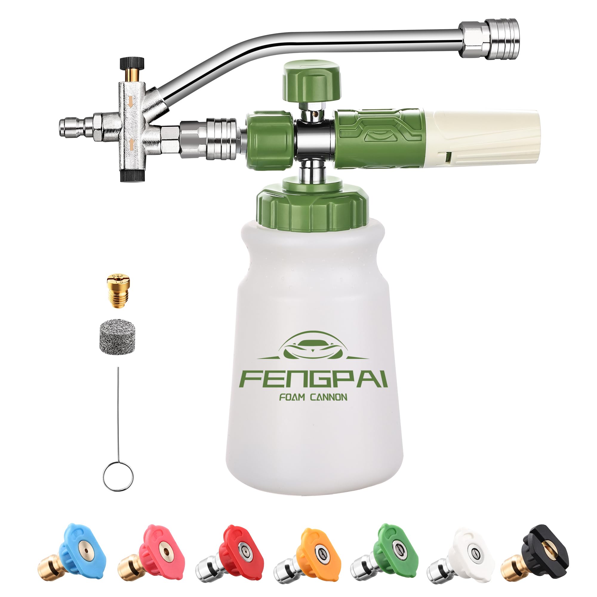 FENG PAI Cañón de espuma para lavadora a presión con accesorio de doble conector y 7 boquillas pulverizadoras de lavadora eléctrica, accesorio de doble punta para cañón de jabón, conexión rápida de 1