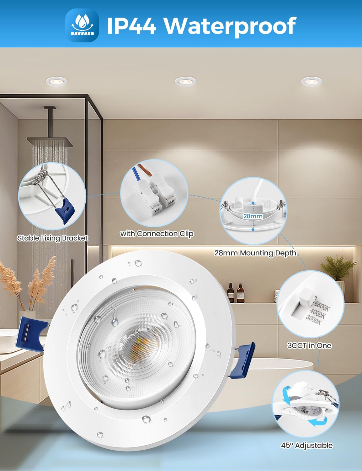 Spots LED Encastrables Orientable, 7W 650LM Spots de Plafond Extra Plat Encastré Blanc Chaud 3000K Blanc Neutre 4000K Blanc Froid 6500K,IP44 Spot Pour Salle de Bain,Trou Φ85-100mm, Lot de 6