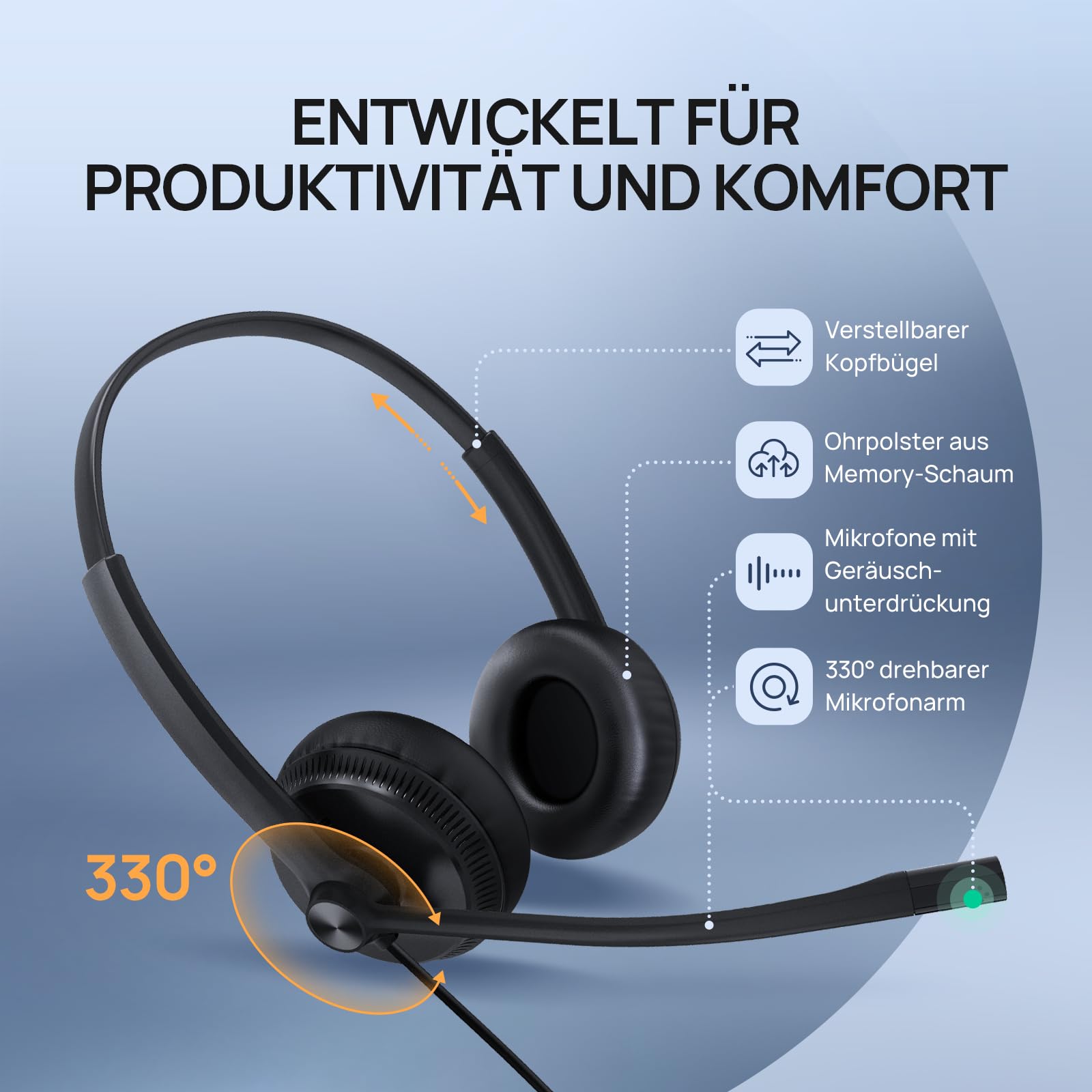 Yealink YHS34 Auriculares telefónicos con Cables de conexión RJ9 y QD. Compatibles con teléfonos Poly, Avaya, Snom y Grandstream. Auriculares monoaurales con micrófono para teléfonos de Oficina