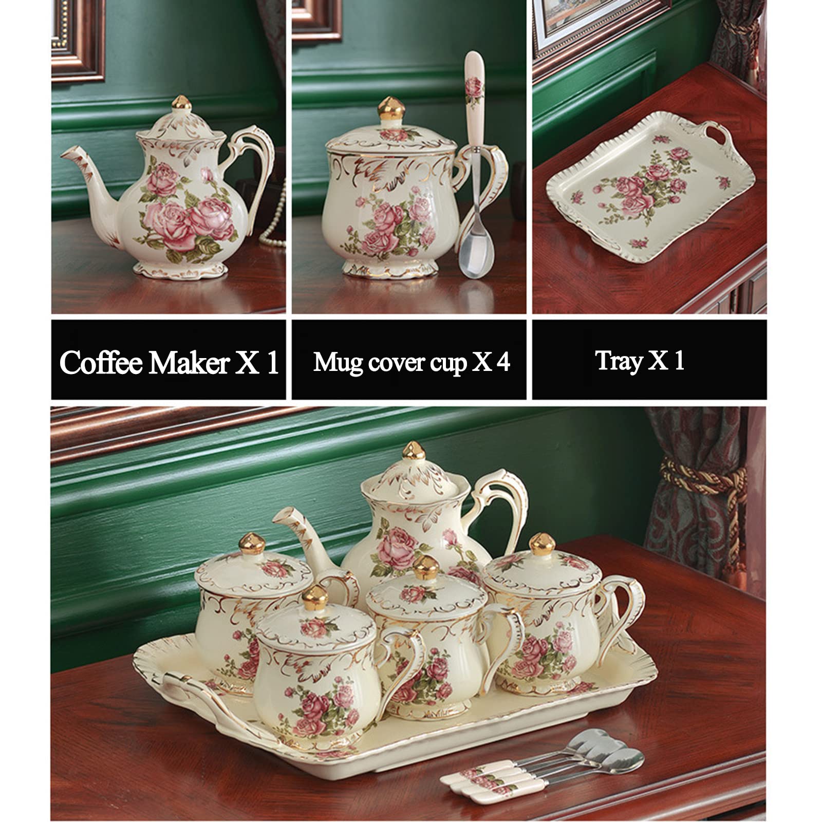 Juego De Tazas con Tapa con Bandeja para Tazas (400 Ml) 13.5 Onzas, Tazas Cappuccino Latte Mocha, Taza De Té para Fiesta, Tazas De Café De Porcelana, Juego De 5