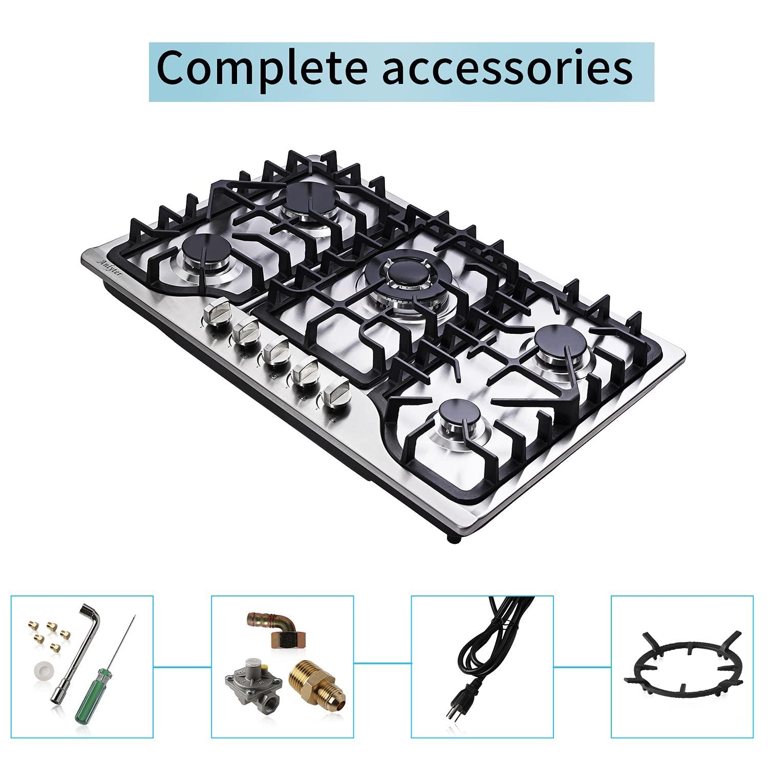 Anlyter 30 Inch Gas Cooktop, 5 Burners Builtin Gas Stovetop Stainless Steel LPG/NG Gas Stove