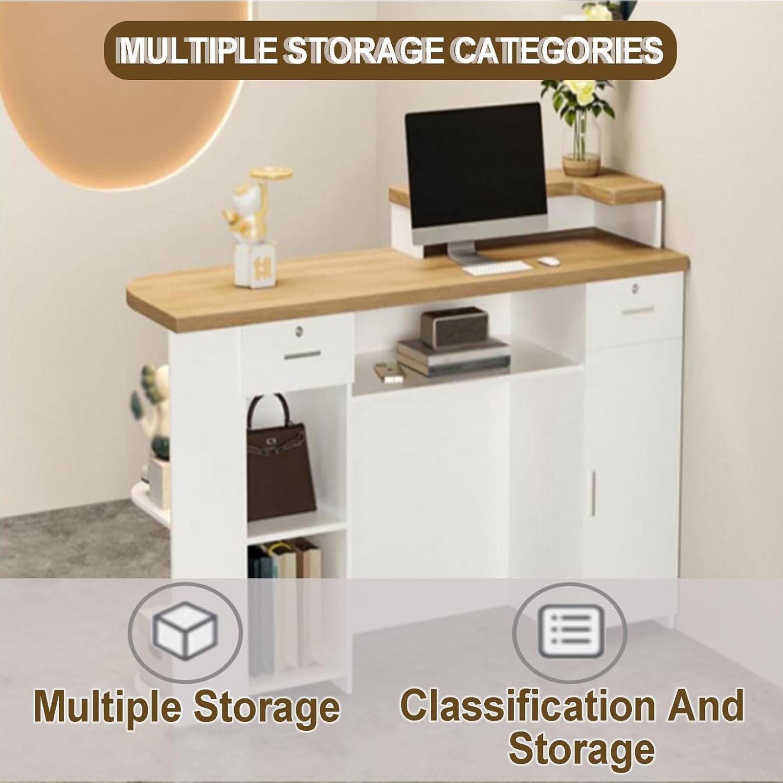 Escritorio moderno con cajas Der and Sto, mesa de caja registradora para oficina, salón, negocios o cafetería, altura izquierda 120 cm, amplio espacio