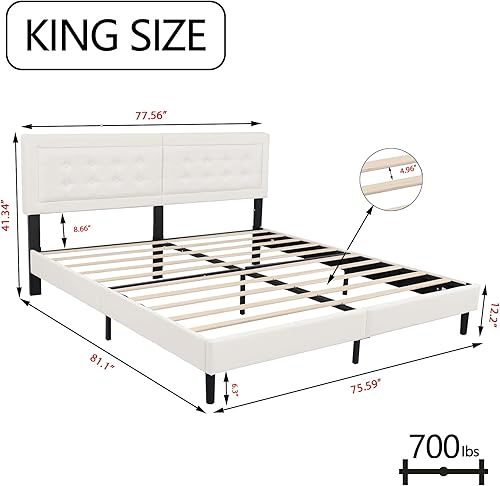 Miniatura 26 de alazyhome Base de cama tapizada moderna de tamaño Queen con cabecero tapizado con botones, listones de madera maciza, no necesita somier, fácil