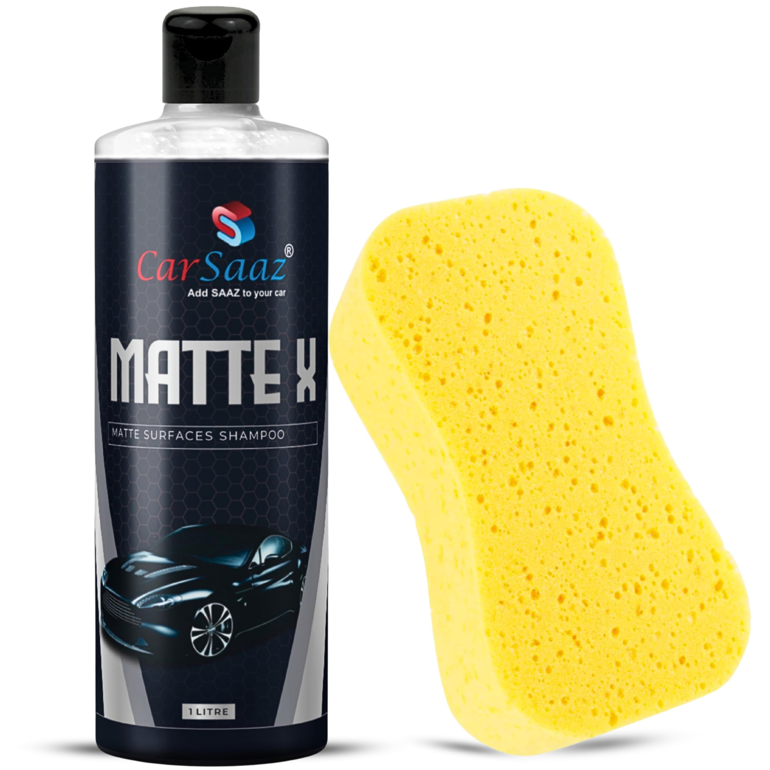 CAR SAAZ Matte X Car & Bike Wash Shampoo (1 Ltr) with Washing Sponge Combo Pack | Matte Painted Cars, Bikes Shampoo | Wash, Shine & Protect | pH Neutral, Highly Effective (1000 ml)