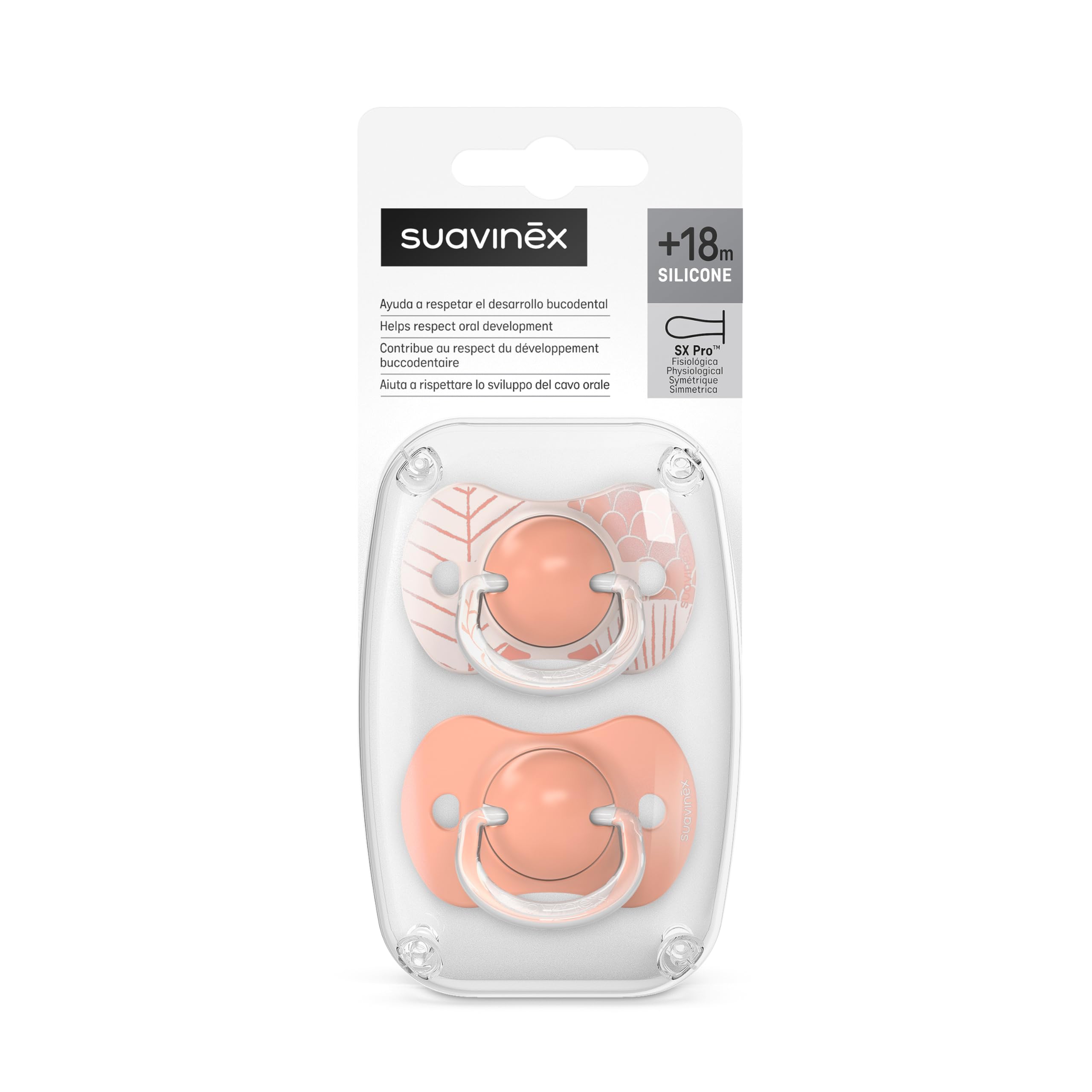 Suavinex Confezione da 2 Ciucci con Tettina Simmetrica in Silicone SX Pro, per Bambini da +18 Mesi, Tettina Piatta e Flessibile, Dreams Rosa