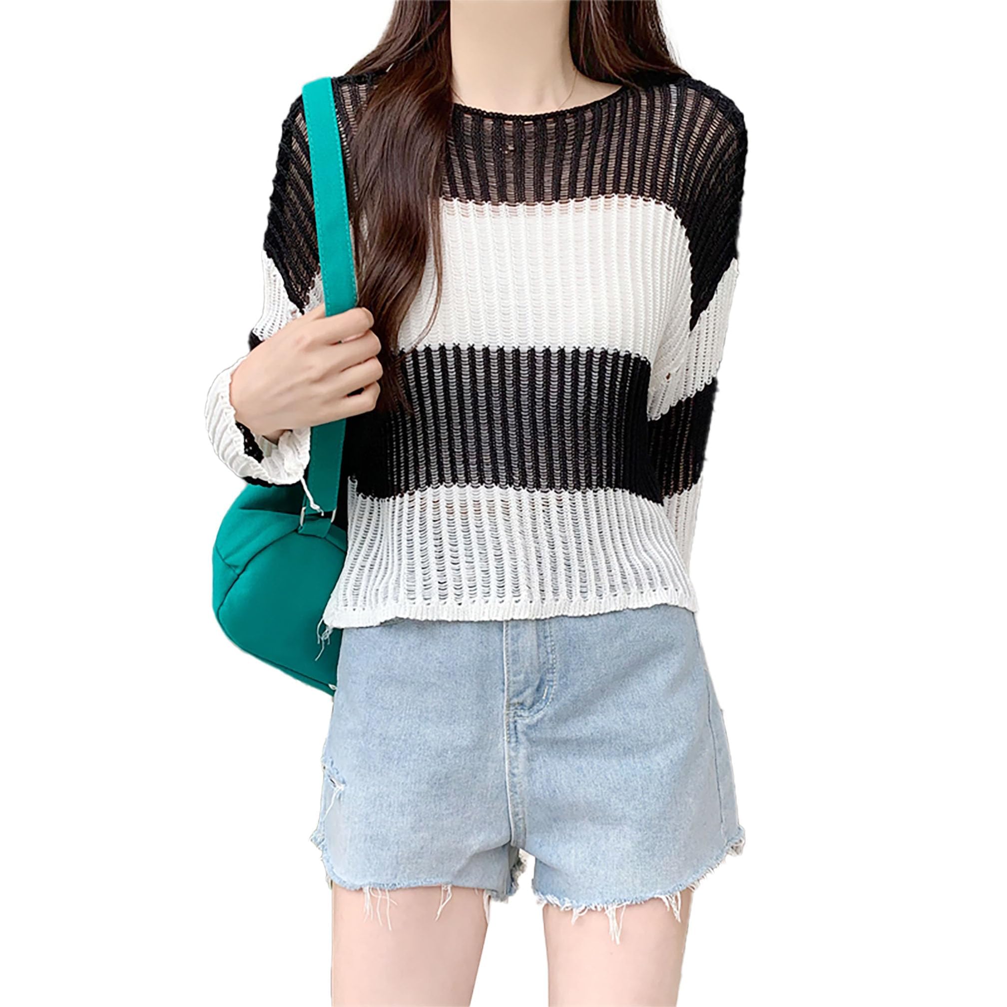 icw Women's Knitted Transparent Hollow Out Loose Round Neck Long-Sleeve Color Block Stripe Pullover Top T-Shirt Dn16-picture-27