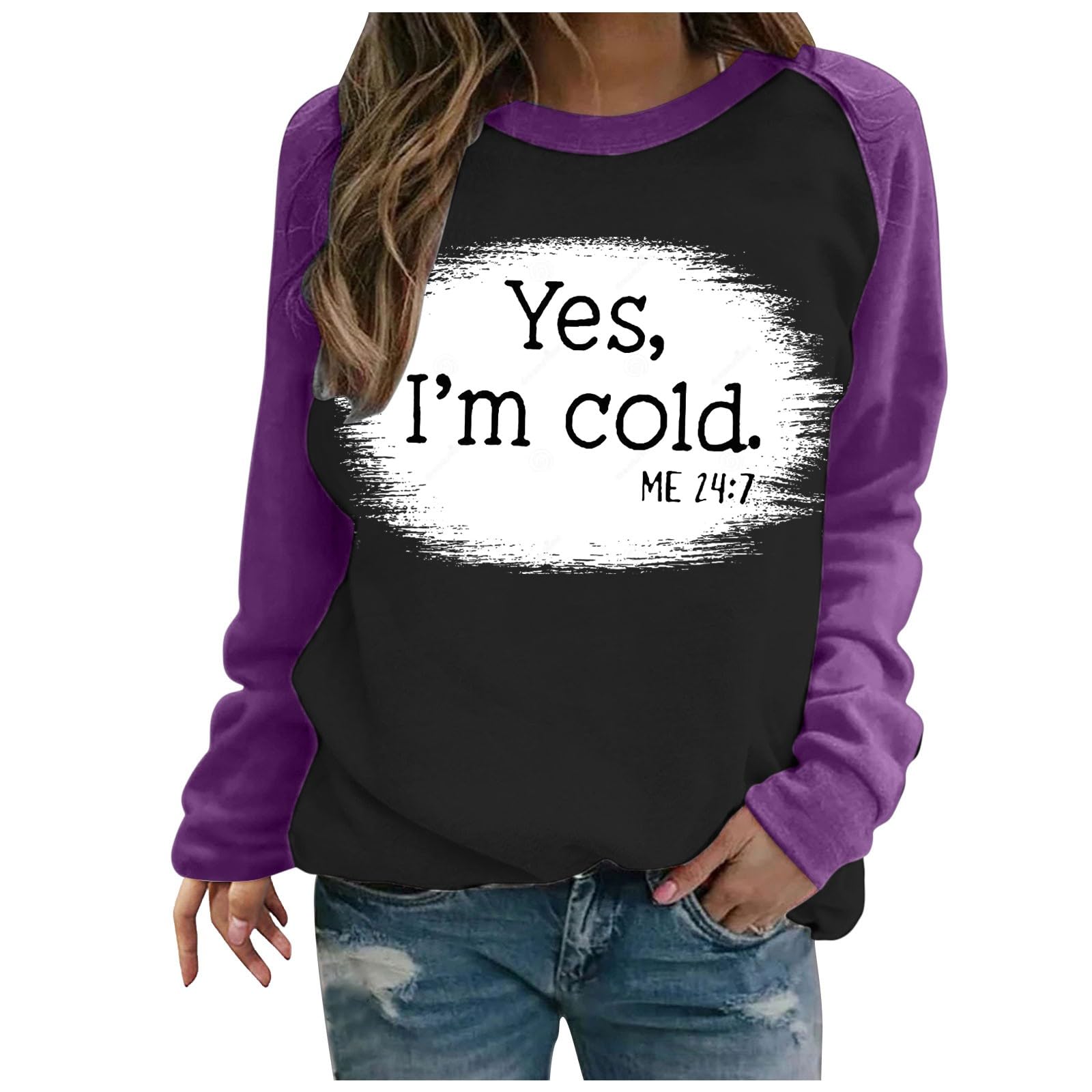 Ladies Tops Oversized Autumn Winter Graphic Sweatshirt Long Sleeve Longline Classic Christmas Top Dressy Crew Neck Loose Tee Shirts Casual Letter Print Baggy Jumper Blouse Yes I'm Cold Jumpers