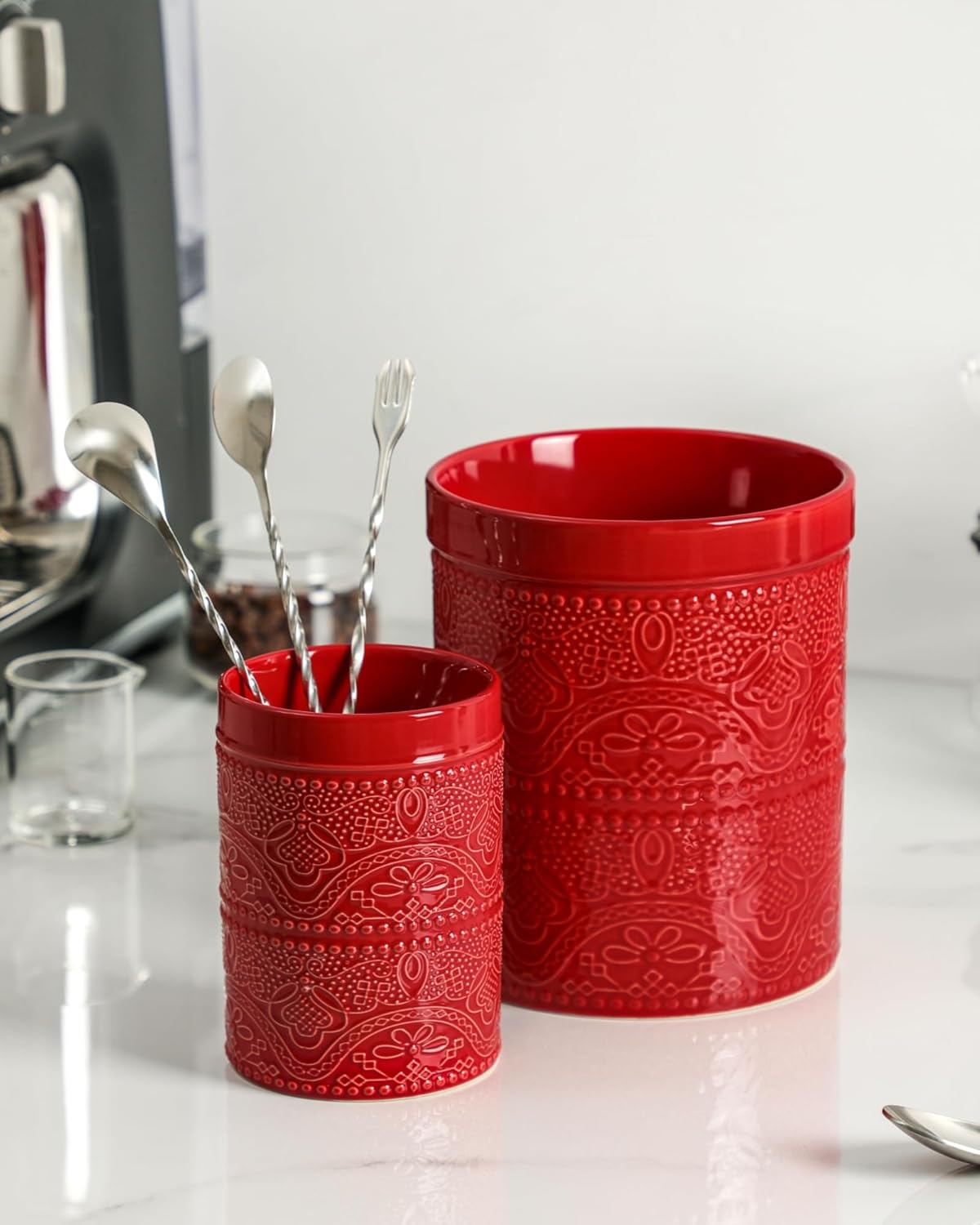 FUN ELEMENTS Kitchen Utensil Holder, 7.2+5.5" Super Large Utensil Crock Heavy and Stable Lace Emboss Ceramic Utensil Holder for Kitchen Counter (2Pcs Christmas Red)