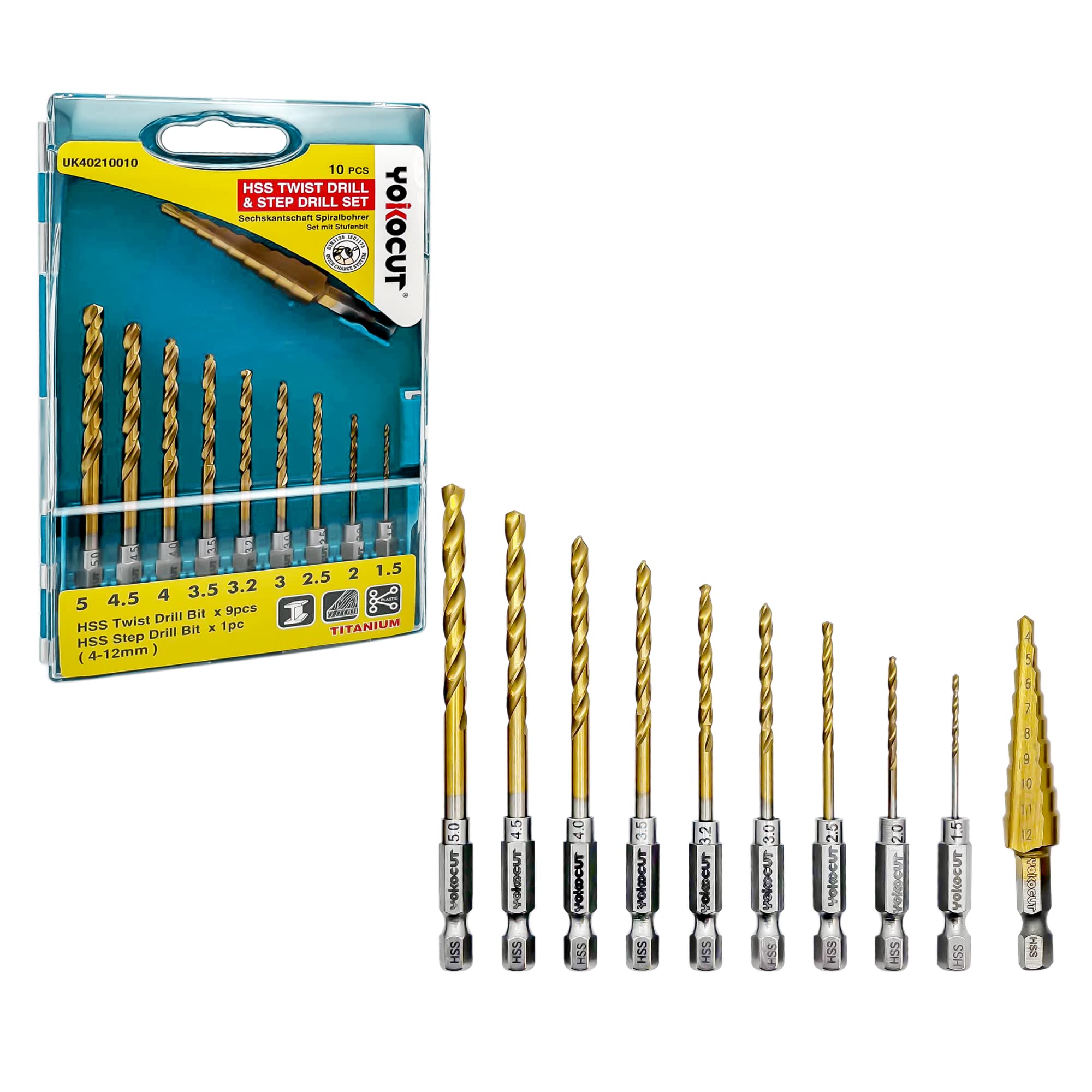 10Pcs HSS Hex Shank Drill Bit Set Titanium Drill Bit Set 1.5mm-5mm Quick Change | HSS Step Bit 4-12mm