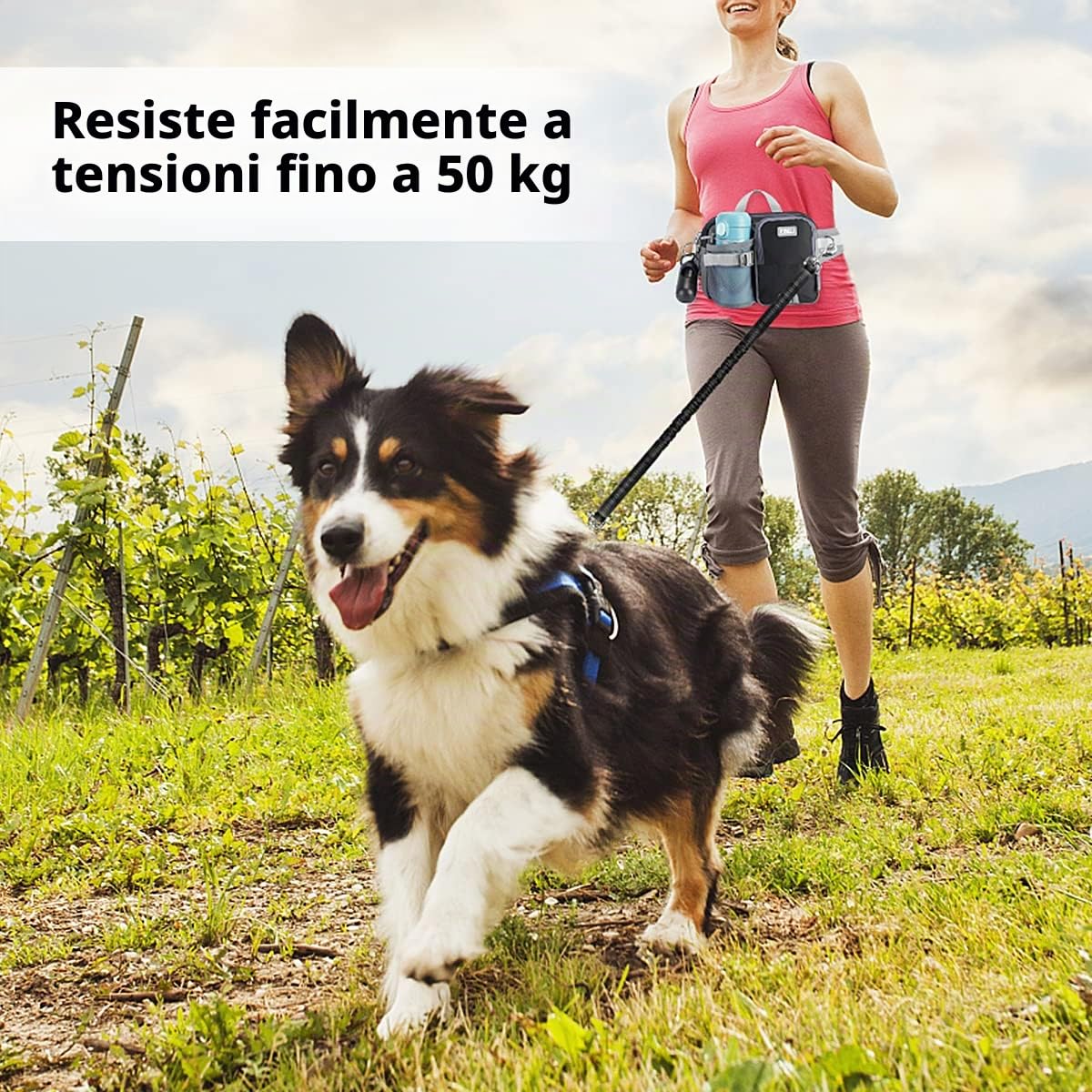 ETACCU Guinzaglio Libero per Cani con Tasca per Cellulare, Supporto per Bottiglia D'acqua, Guinzaglio da Jogging – Cintura Regolabile 63 – 127 cm Assorbimento Degli urti Riflettenti Espandibile