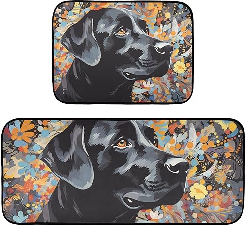 Miniatura 1 de Kitchen Mats for Floor 2 Piece Set Painting Black Dog Print, Anti Skid Cushioned Water Absorbent Kitchen Rugs Door Mat Floor Mats for Kitchen Sink