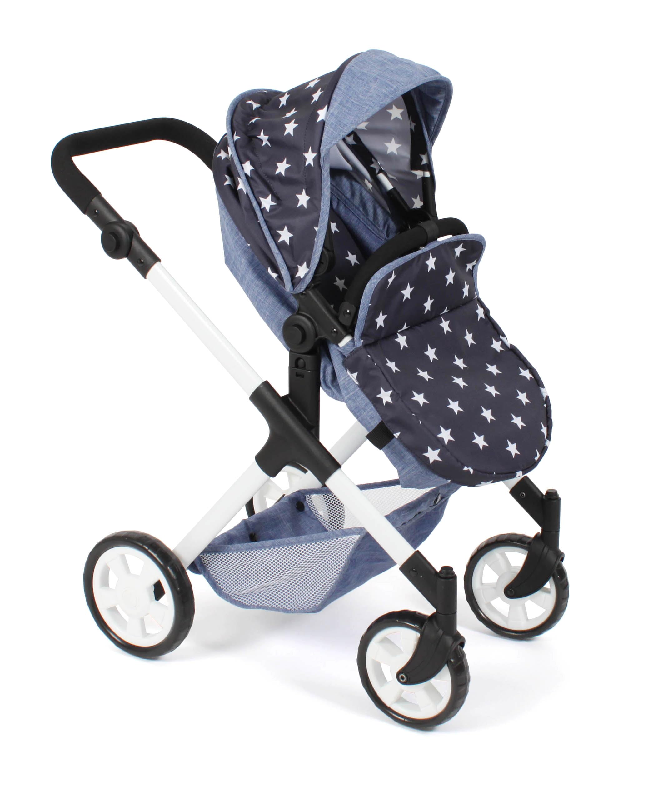 Bayer Chic 2000 2 w 1 wózek dla lalek Mila – gwiazdka granatowa – uchwyt z regulacją wysokości 39-72 cm – nowoczesny stelaż – lalki do 50 cm – 3-7 J.