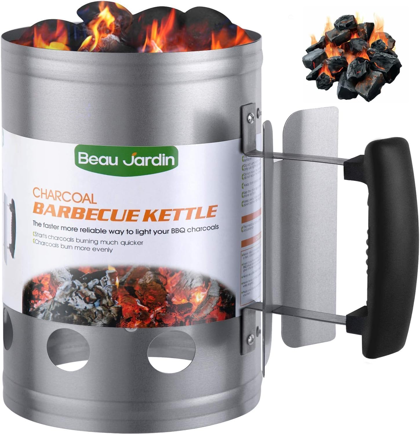 BEAU JARDIN Pro-Grade Chimney Starter - Fast, Even Ignition for Charcoal & Briquettes | Heavy-Duty Galvanised Steel with Secure Grip Handles | Optimal 28cm Size Fits Most BBQs & Smokers