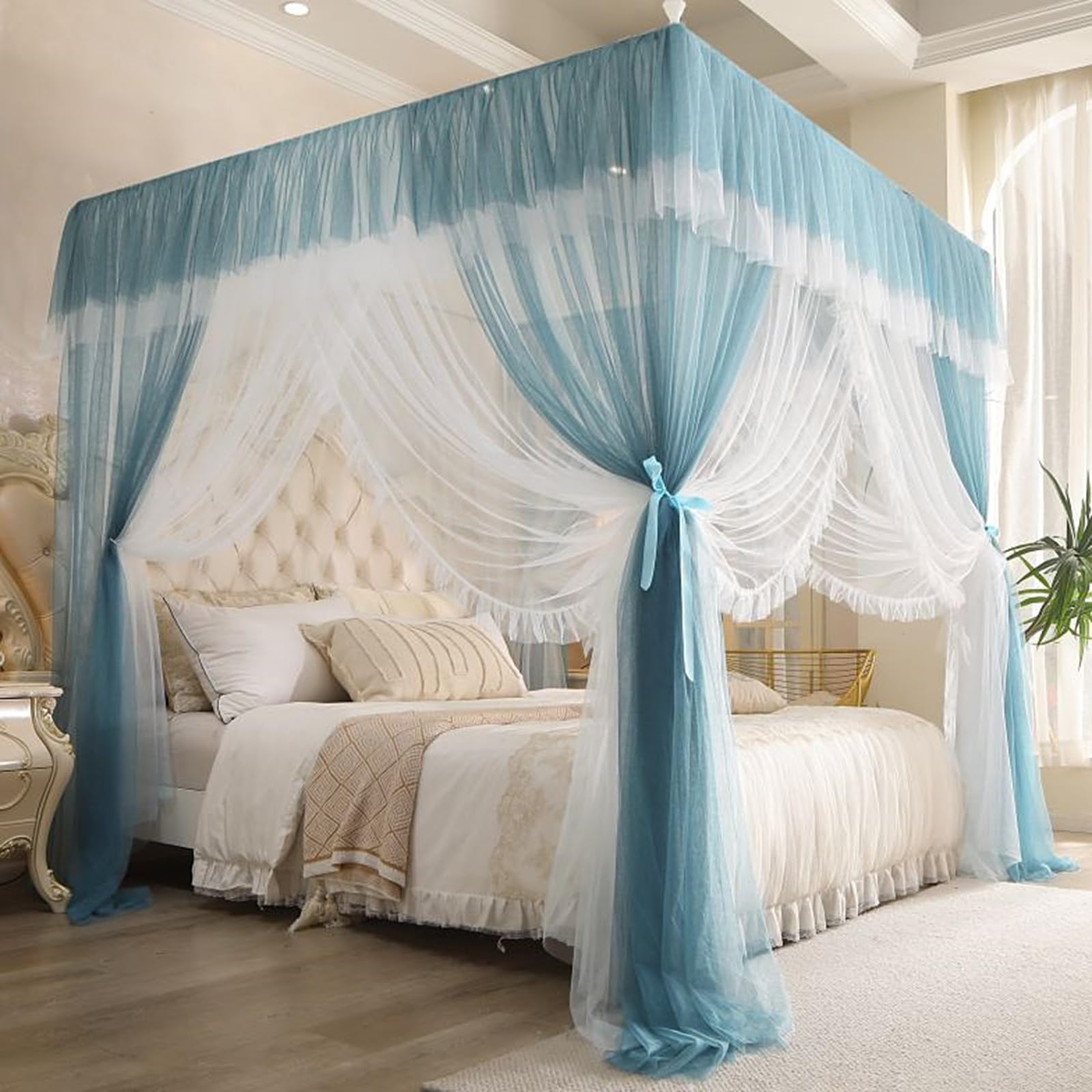 Dosel Mosquitero para Cama, Cortina para Cama con Dosel, Cortina De Doble Capa para Protección contra El Viento Y La Luz, Ideal para La Decoración del Dormitorio. E,Blue-180x220cm