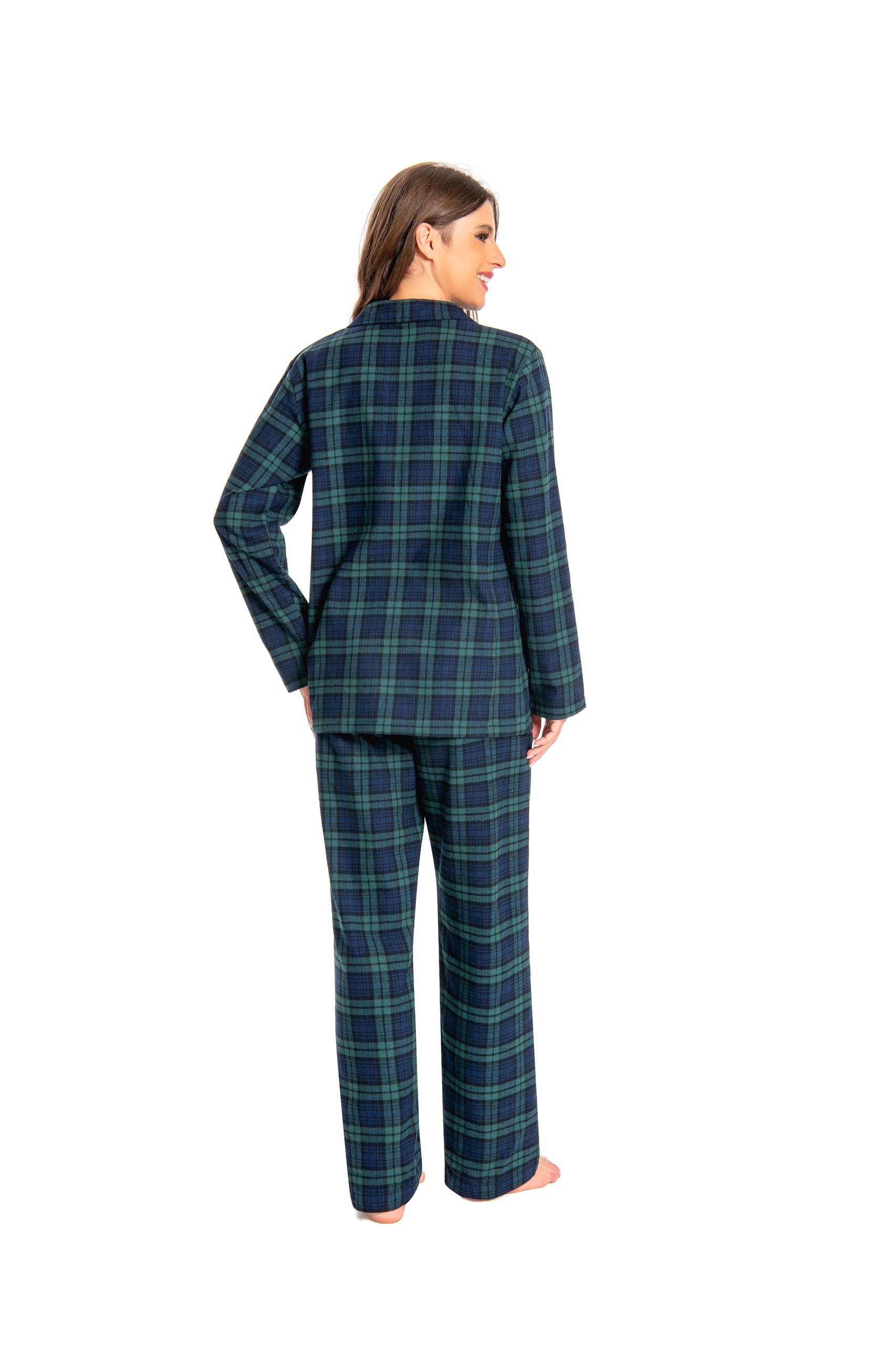 Nutria Schlafanzug Damen 100% Baumwolle Flanell Pyjama Set Langarm Oberteil mit Offenem Kragen Knöpfe Lang Unterteil Winter Nachtwäsche Loungewear V-Ausschnitt Shirt und Hose D06
