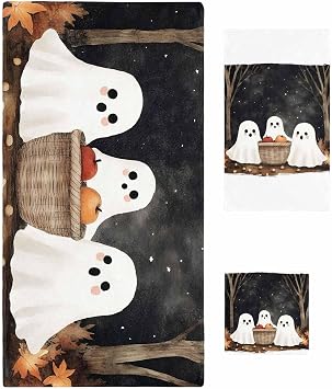 Bath Towel Sets, Halloween Cartoon Ghost Pumpkin Harvest Bathroom Towels Soft Hand Towel Washcloth Cotton Towel Set,Absorbent Soft Bath Set for Hotel Beach Pool Retro Night Towels