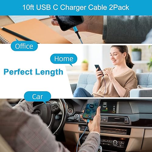 Miniatura 6 de 10 pies, 2 unidades S23 USB C a USB A, cable de alimentación de teléfono Android de carga rápida tipo C, cable trenzado de nailon para Samsung