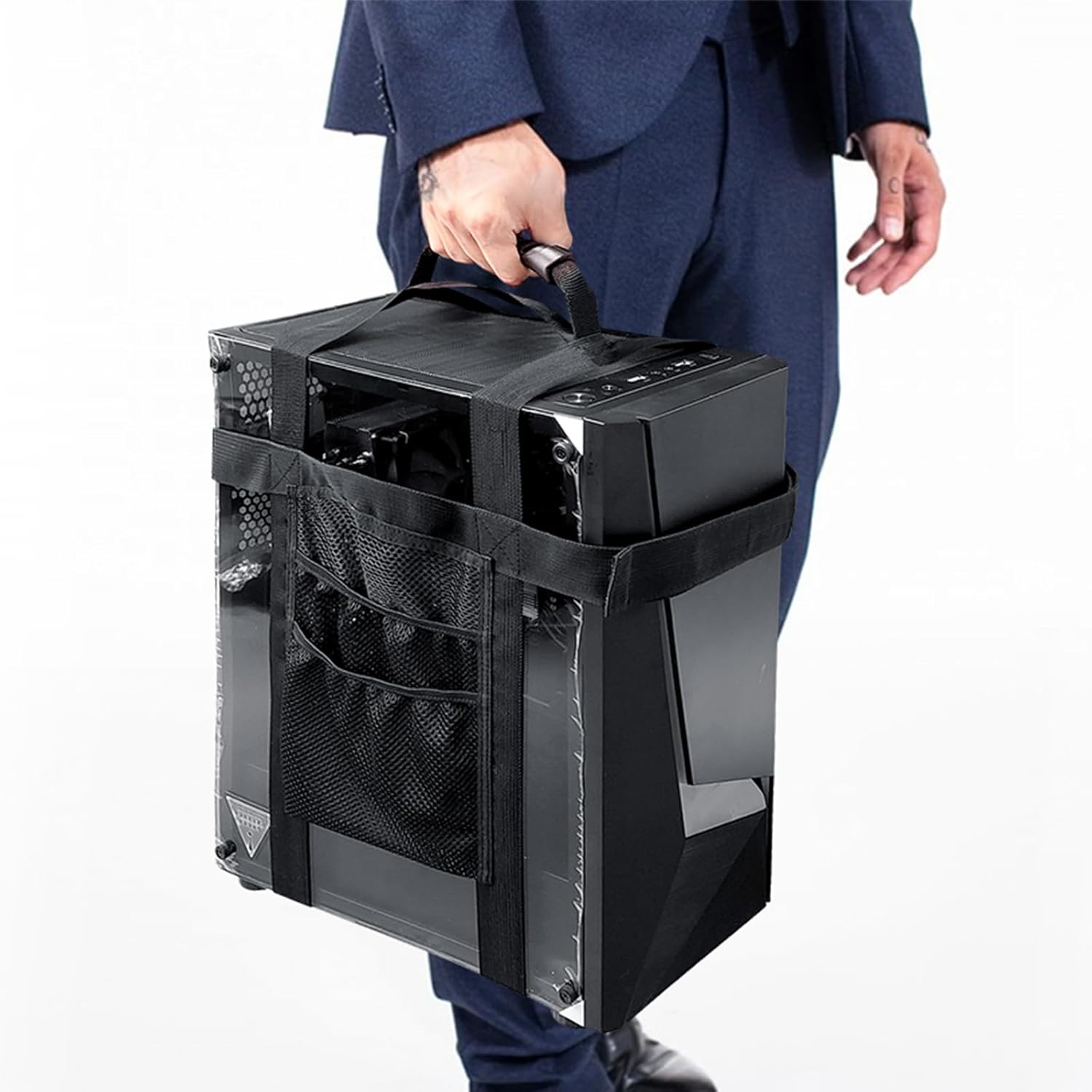 Office PC Tower Carrying Strap Adjustable Desktop PC Case Belt Holder Travel Carrier Harness with Handle and Pockets Accessories