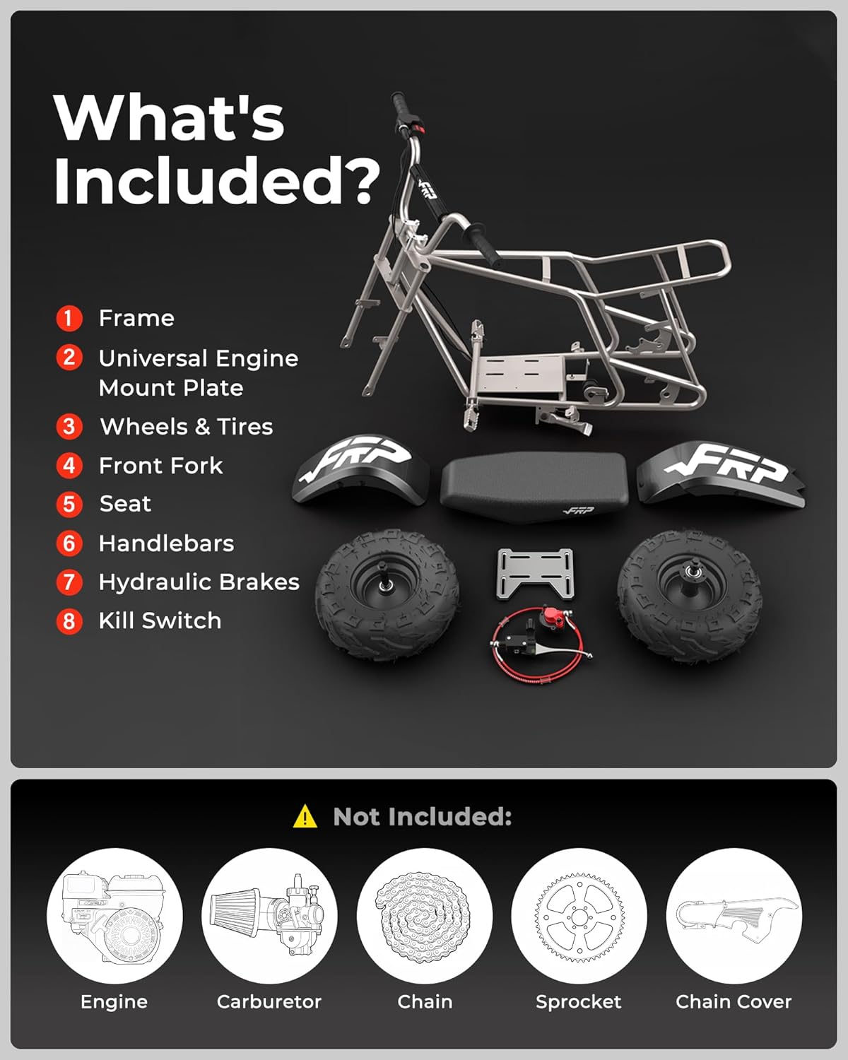 FRP GMB100 Mini Bike Rolling Frame Kit, Engine Not Included,Universal Engine Mount Plate, Hydraulic Disc Brake, Tires & Wheels, Front Fork, Seat & Handlebars, 220 lb Capacity（Raw）