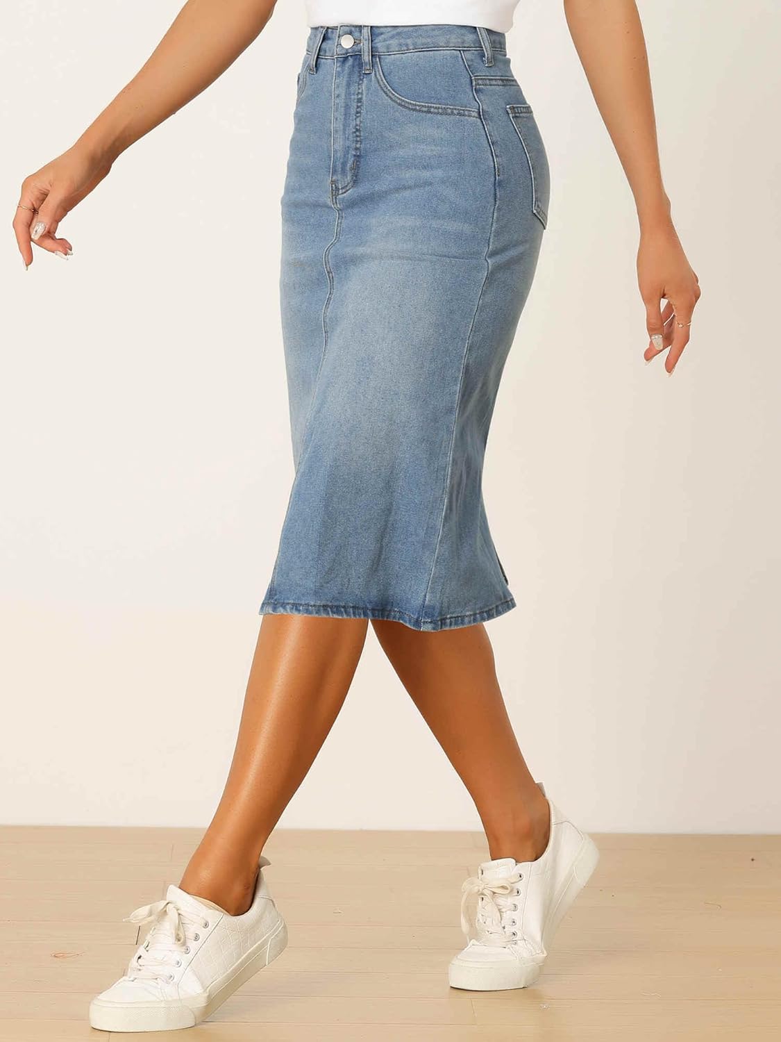 Allegra K Casual Denim Skirt for Women's High Waist Split Back Pockets Midi Jean Skirts - Image 3